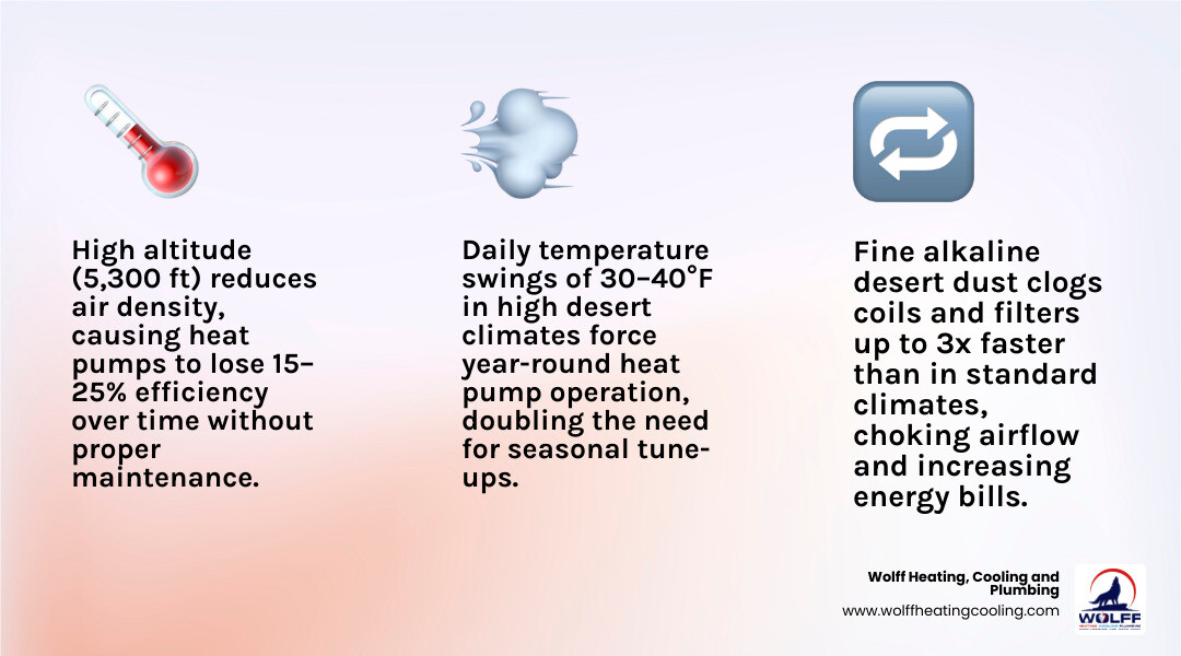 Infographic showing how altitude and desert dust impact heat pump service frequency and components infographic Infographic showing how altitude and desert dust impact heat pump service frequency and components infographic