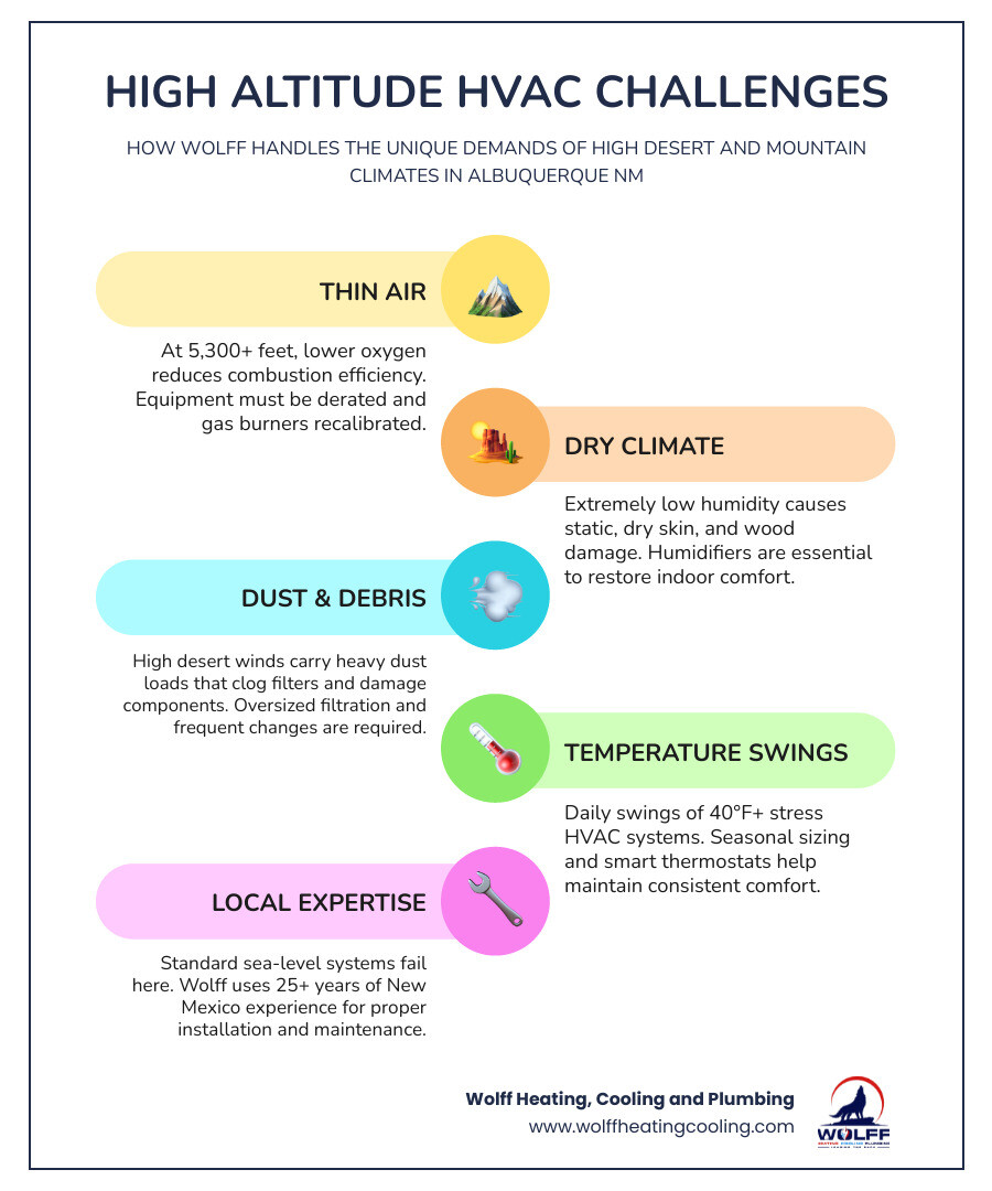 Infographic showing high altitude HVAC challenges: thin air, dust, dry climate, temperature swings, and solutions infographic Infographic showing high altitude HVAC challenges: thin air, dust, dry climate, temperature swings, and solutions infographic
