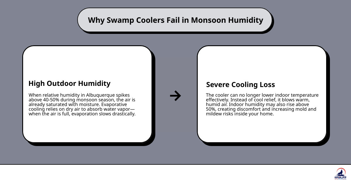 Infographic showing how monsoon humidity stops evaporative cooling in Albuquerque swamp coolers infographic Infographic showing how monsoon humidity stops evaporative cooling in Albuquerque swamp coolers infographic