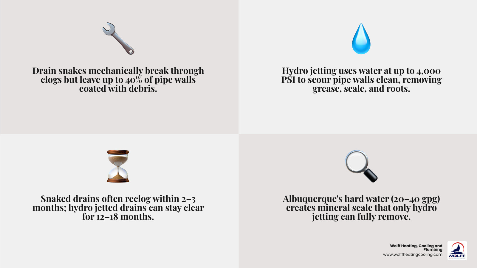 Infographic comparing hydro jetting vs drain snake: method, clog type, results longevity, pipe safety infographic Infographic comparing hydro jetting vs drain snake: method, clog type, results longevity, pipe safety infographic