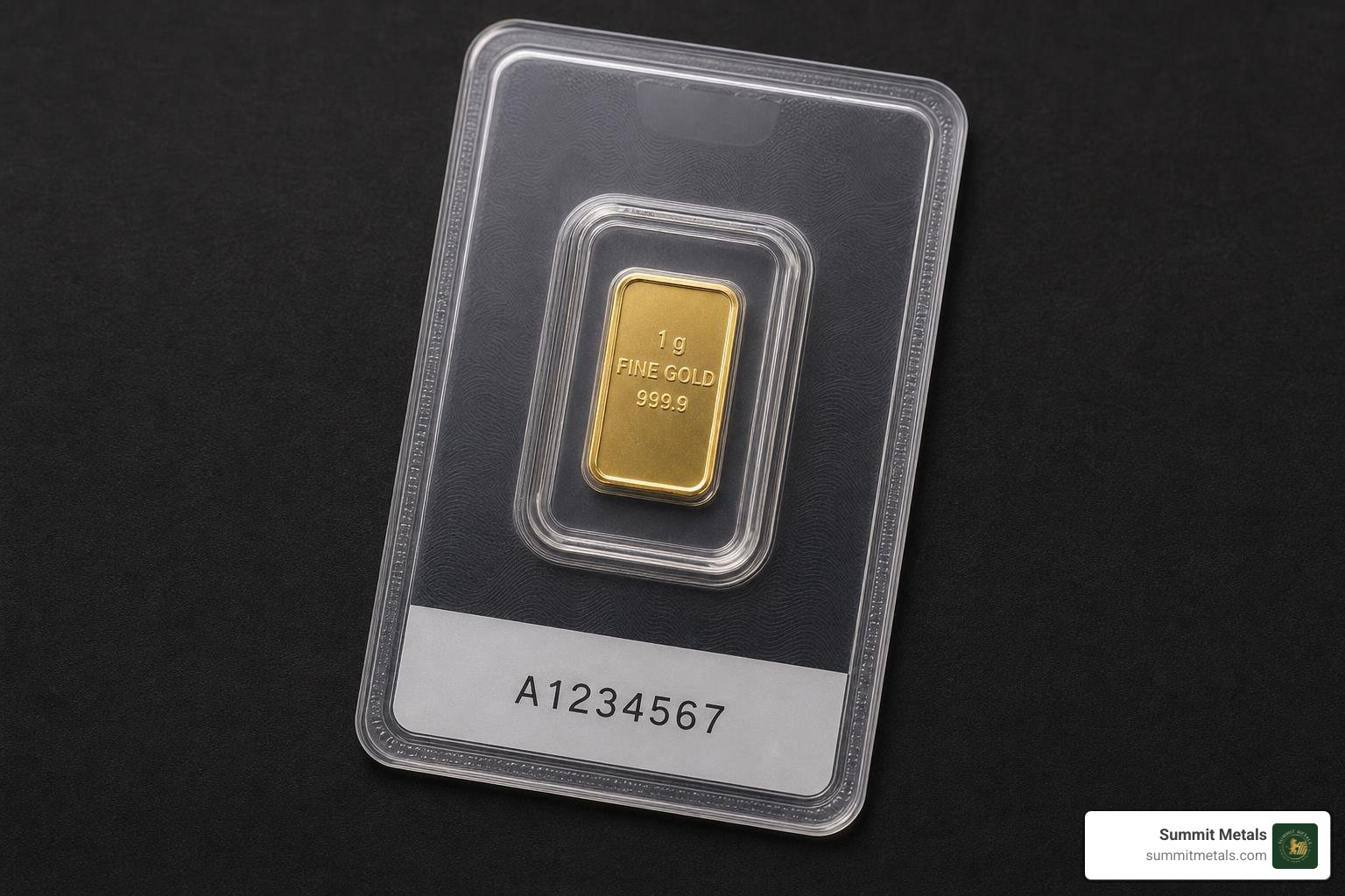 A generic 1 gram gold bar sealed inside a tamper-evident assay card with serial number A generic 1 gram gold bar sealed inside a tamper-evident assay card with serial number