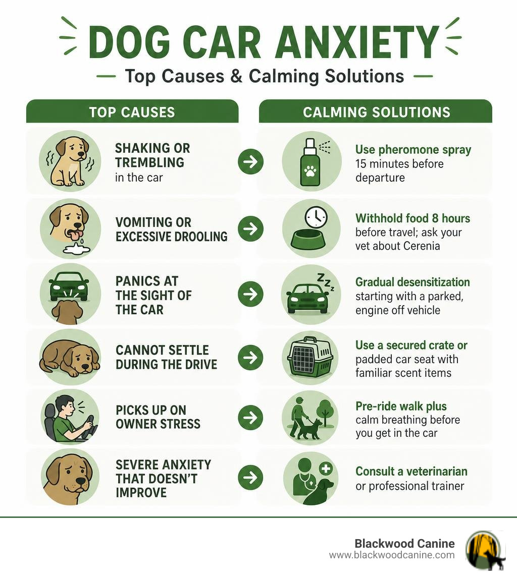 Quick overview infographic: top causes of dog car anxiety and matching calming solutions infographic