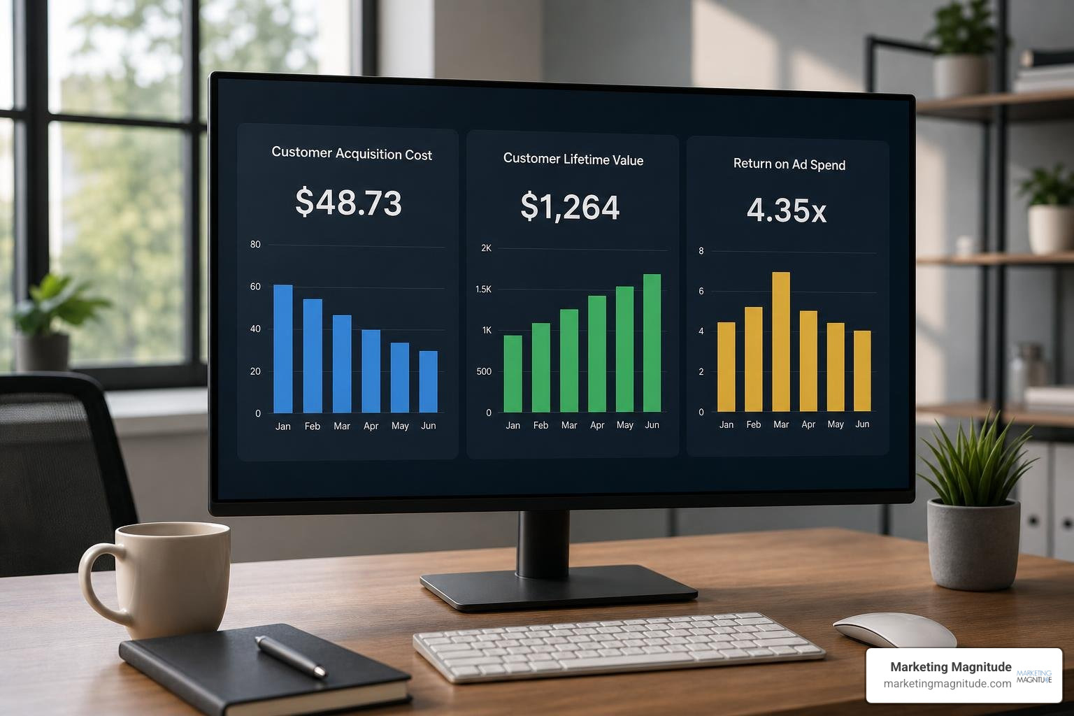 Key performance indicators dashboard displaying CAC CLV and ROAS Key performance indicators dashboard displaying CAC CLV and ROAS