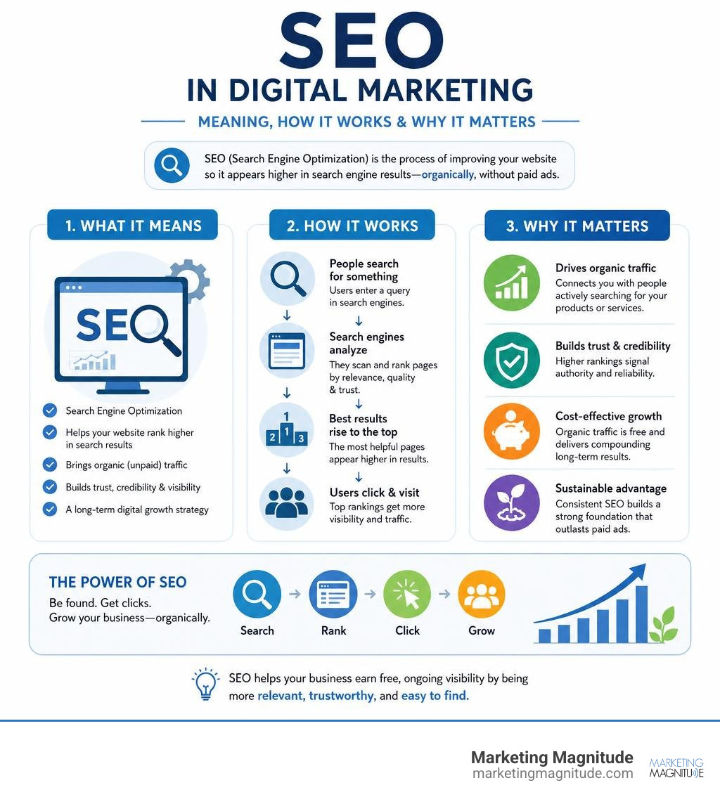 Infographic explaining SEO meaning in digital marketing: definition, how it works, and why it matters infographic Infographic explaining SEO meaning in digital marketing: definition, how it works, and why it matters infographic