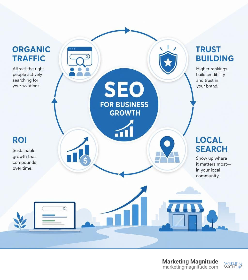 SEO for business growth ecosystem infographic showing organic traffic, trust building, local search, and ROI infographic SEO for business growth ecosystem infographic showing organic traffic, trust building, local search, and ROI infographic