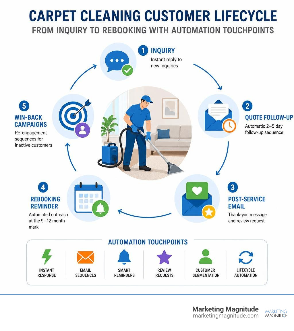Carpet cleaning customer lifecycle from inquiry to rebooking with automation touchpoints infographic Carpet cleaning customer lifecycle from inquiry to rebooking with automation touchpoints infographic