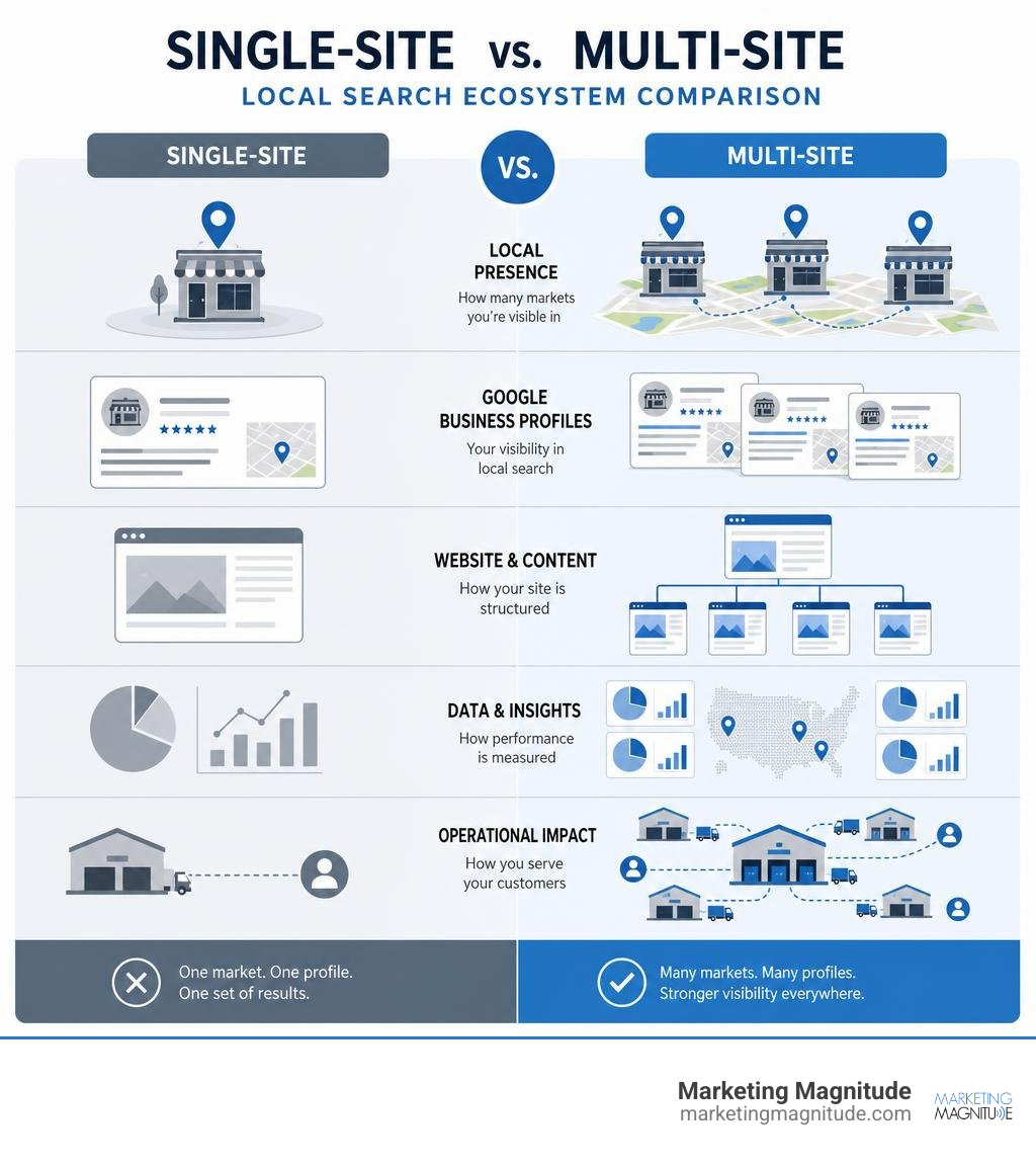 Single-site vs. multi-site local search ecosystem comparison infographic infographic Single-site vs. multi-site local search ecosystem comparison infographic infographic
