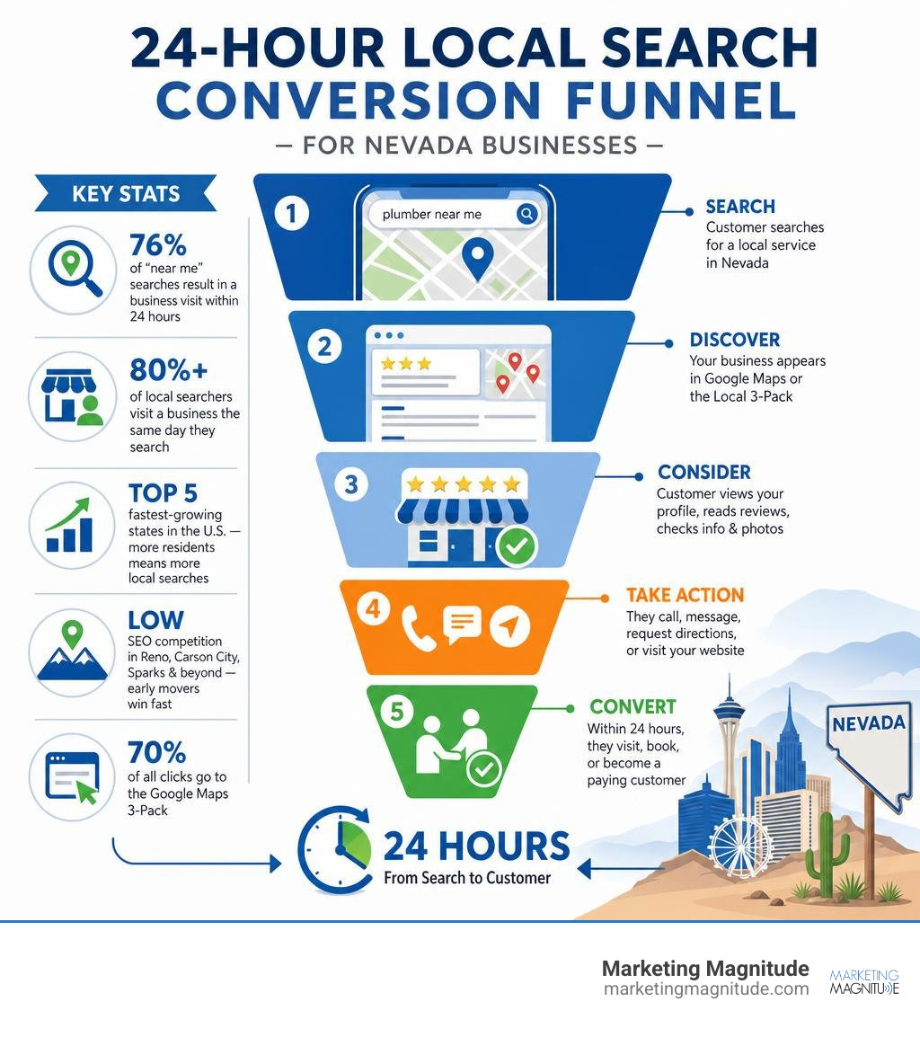 24-hour local search conversion funnel for Nevada businesses with key stats and steps infographic 24-hour local search conversion funnel for Nevada businesses with key stats and steps infographic