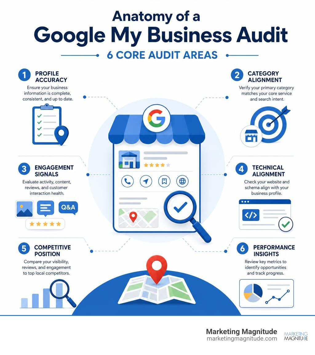 Anatomy of a Google My Business audit infographic showing 6 core audit areas with icons and brief descriptions infographic Anatomy of a Google My Business audit infographic showing 6 core audit areas with icons and brief descriptions infographic