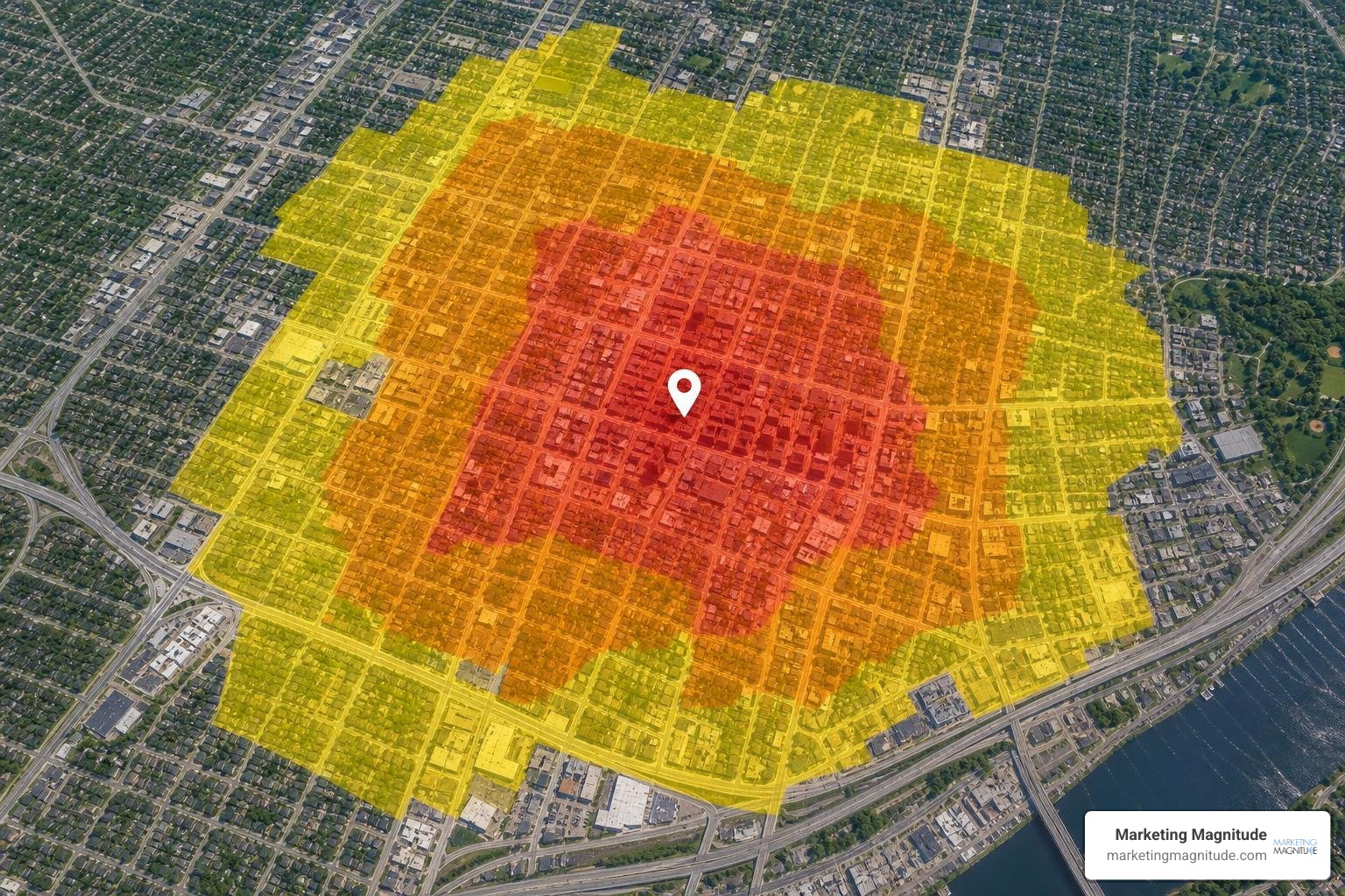 Geographic keyword ranking heatmap showing local map pack visibility variations across a service area grid Geographic keyword ranking heatmap showing local map pack visibility variations across a service area grid