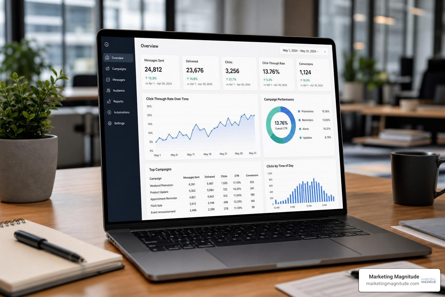 Analytics dashboard showing SMS click-through rates and campaign performance Analytics dashboard showing SMS click-through rates and campaign performance