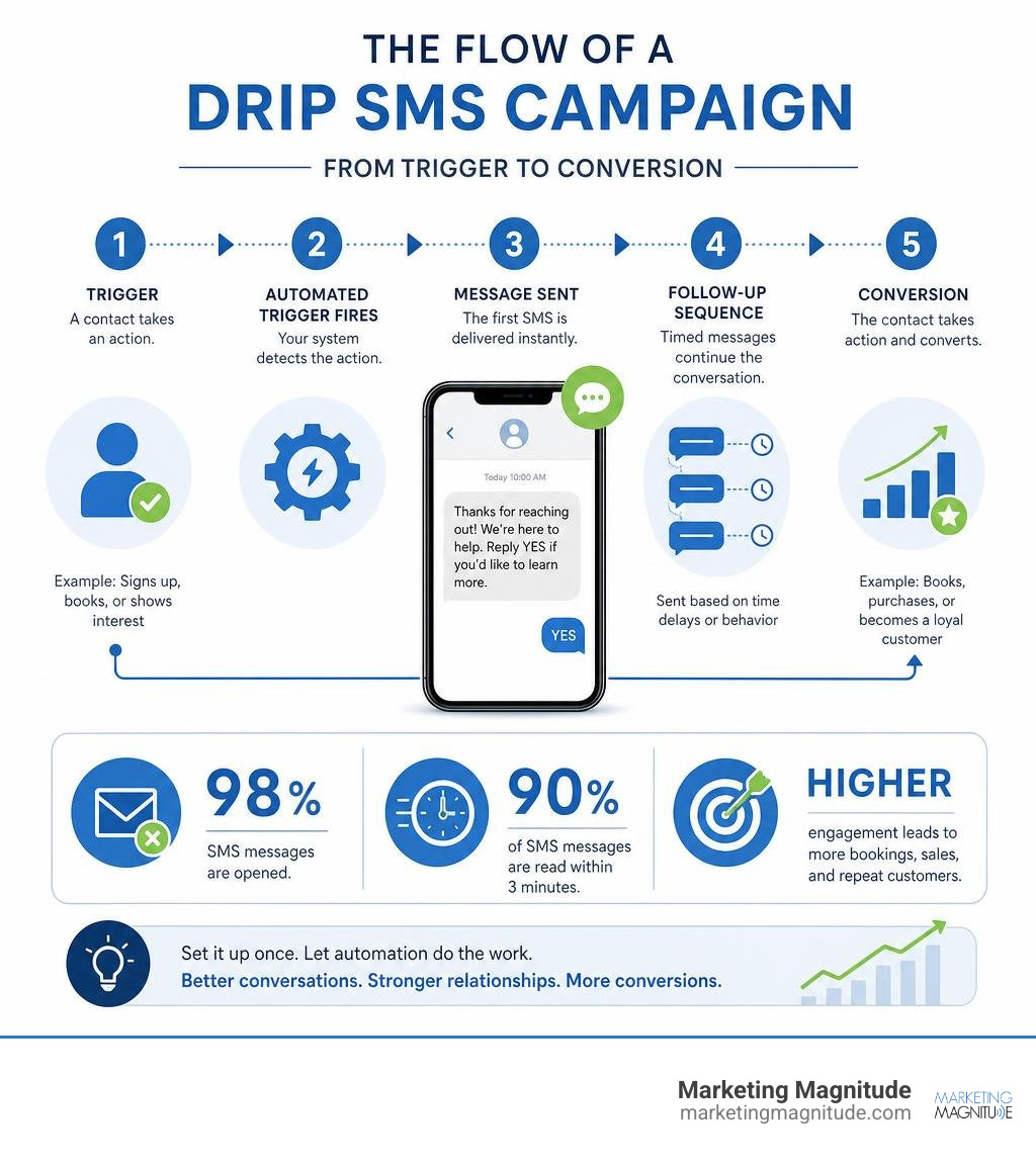 Flow of a drip SMS campaign from trigger to conversion with key stats infographic Flow of a drip SMS campaign from trigger to conversion with key stats infographic
