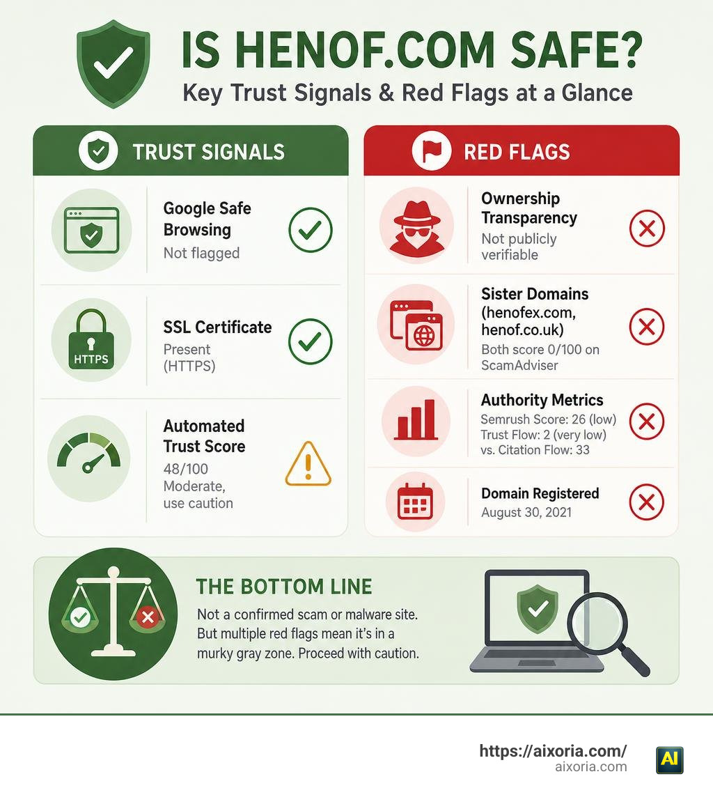 Infographic showing key trust signals and red flags for evaluating if Henof.com is safe infographic