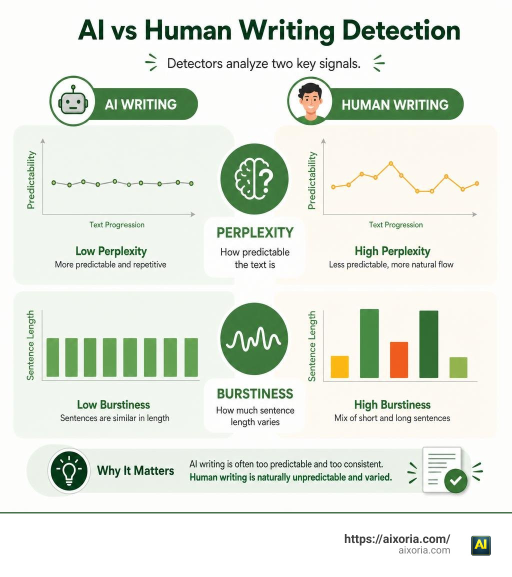 Infographic showing perplexity and burstiness in AI vs human writing detection infographic