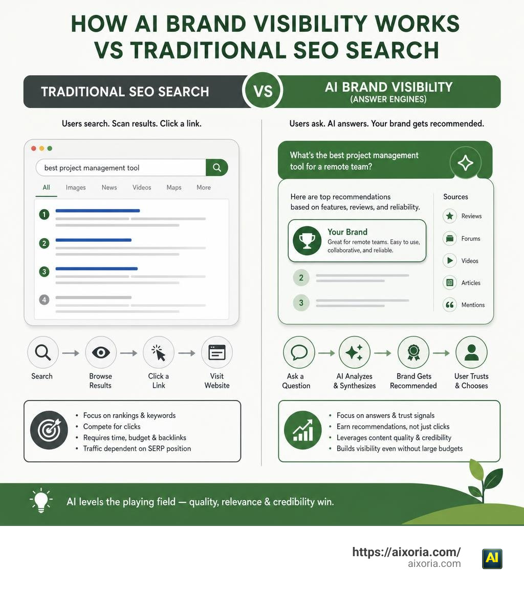 How AI brand visibility works vs traditional SEO search for small budgets infographic infographic