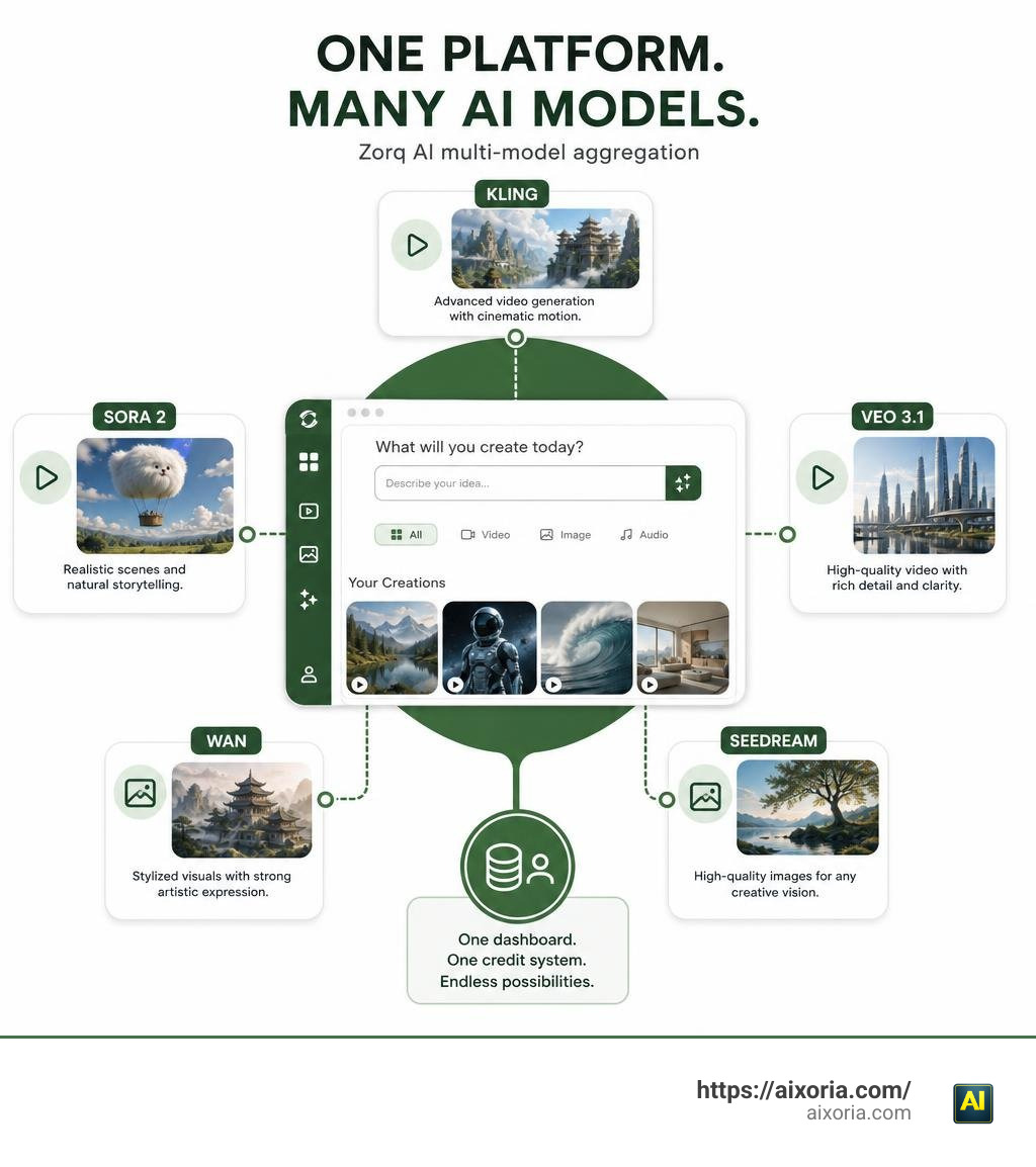 Zorq AI multi-model aggregation: one platform connecting Kling, Sora 2, Veo 3.1, Wan, and Seedream infographic
