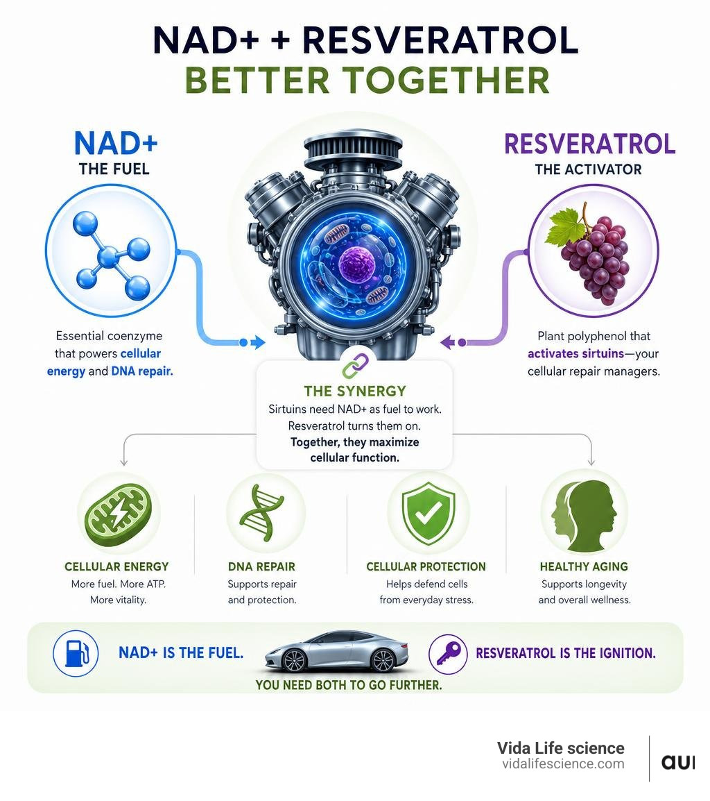 Infographic showing NAD+ and resveratrol synergy: NAD+ as fuel, resveratrol as sirtuin activator, combined benefits for