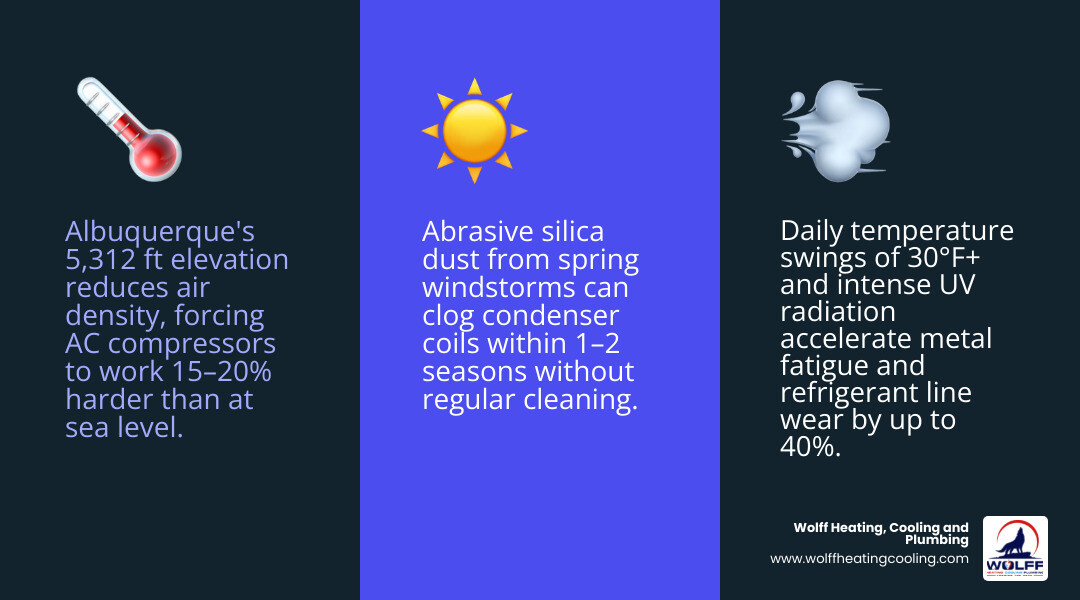infographic comparing average AC lifespan in Albuquerque high desert vs national average with key desert stressors infographic comparing average AC lifespan in Albuquerque high desert vs national average with key desert stressors