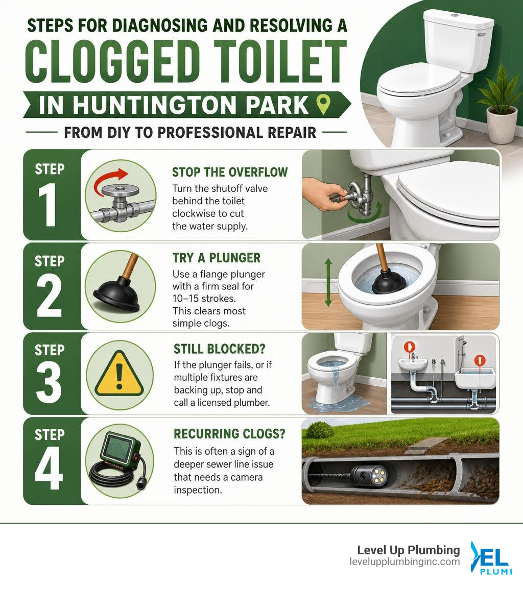 Steps for diagnosing and resolving a clogged toilet in Huntington Park from DIY to professional repair infographic Steps for diagnosing and resolving a clogged toilet in Huntington Park from DIY to professional repair infographic