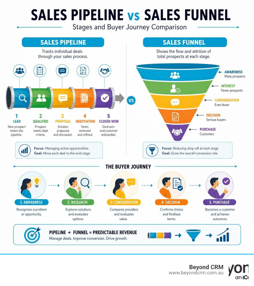 Sales pipeline vs sales funnel explained with stages and buyer journey comparison infographic