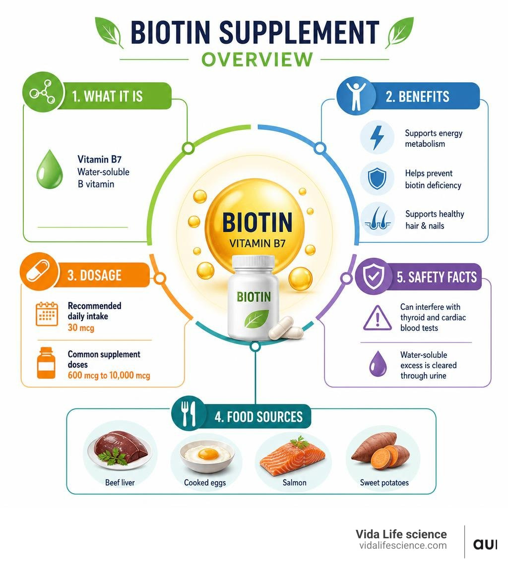 Biotin supplement overview: what it is, benefits, dosage, food sources, and safety facts infographic Biotin supplement overview: what it is, benefits, dosage, food sources, and safety facts infographic