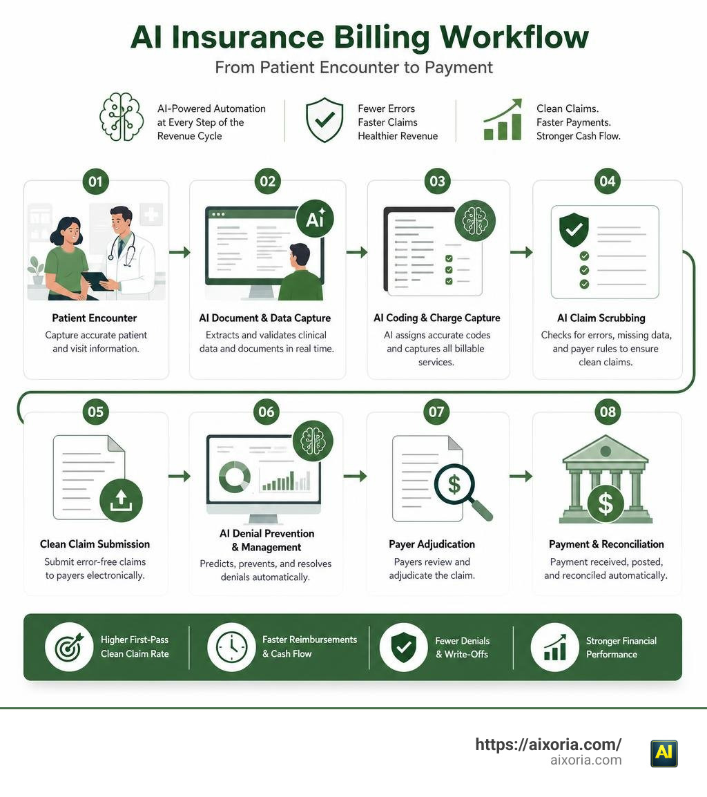 AI insurance billing workflow from patient encounter to clean claim submission and payment infographic