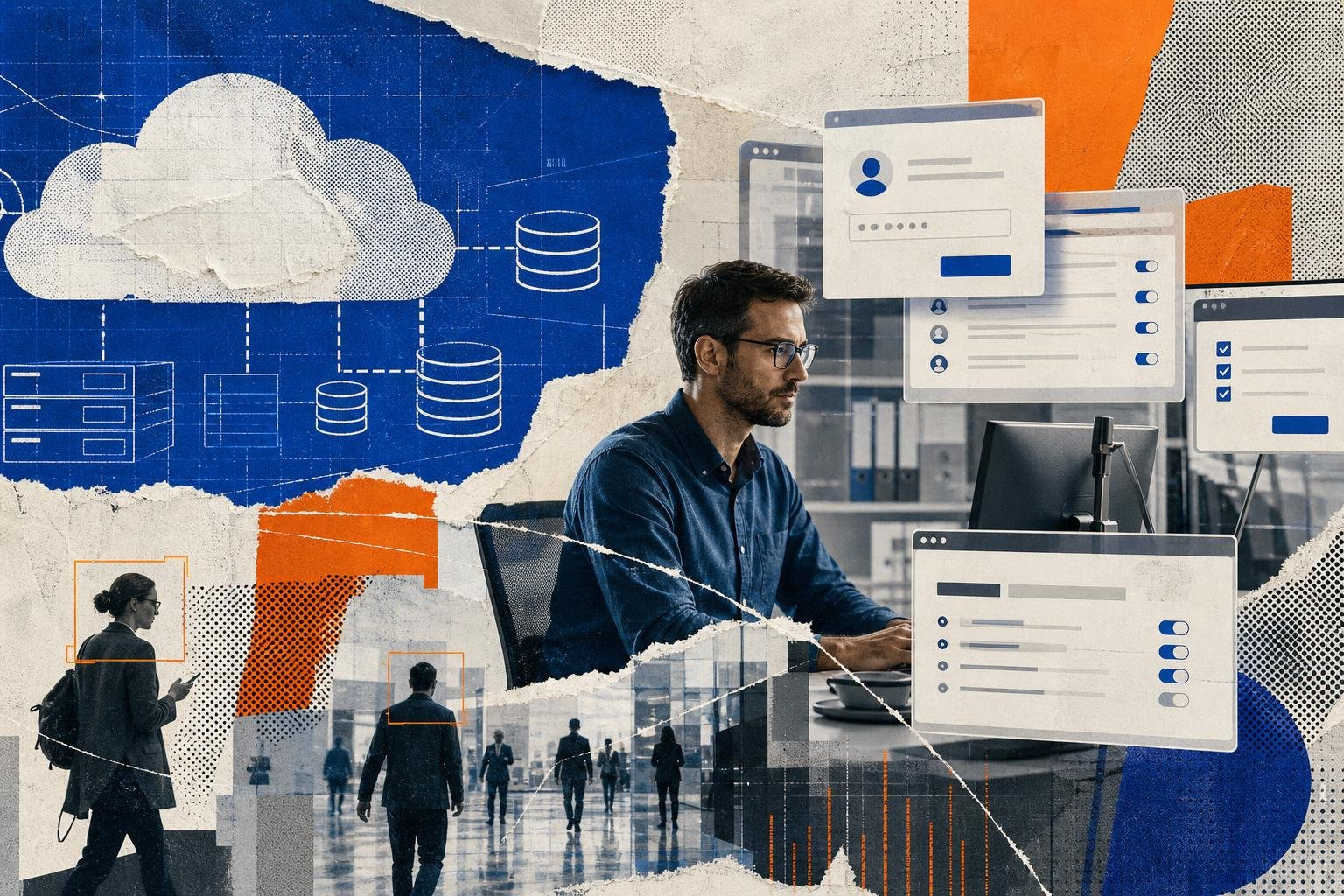Layered editorial illustration of automated provisioning benefits and SaaS sprawl