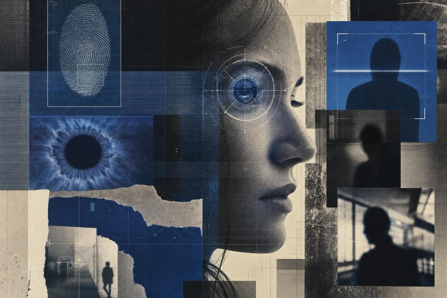 layered biometric collage showing human face overlaid with technical scans layered biometric collage showing human face overlaid with technical scans