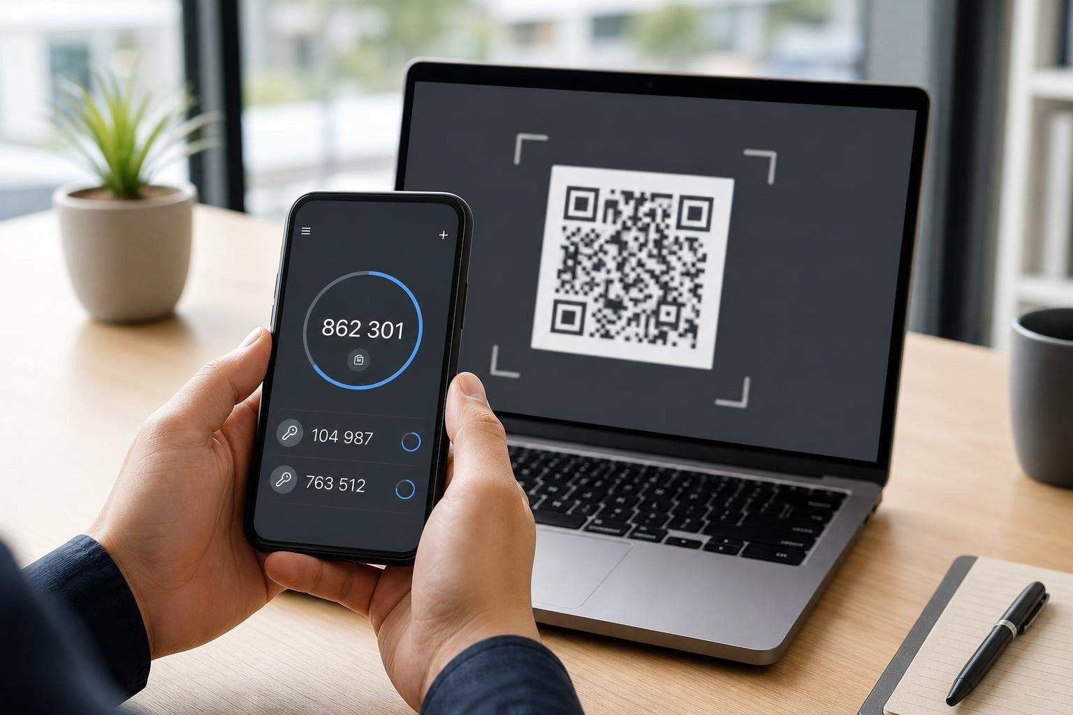 onboarding flow showing a user scanning a QR code to provision a TOTP authenticator onboarding flow showing a user scanning a QR code to provision a TOTP authenticator