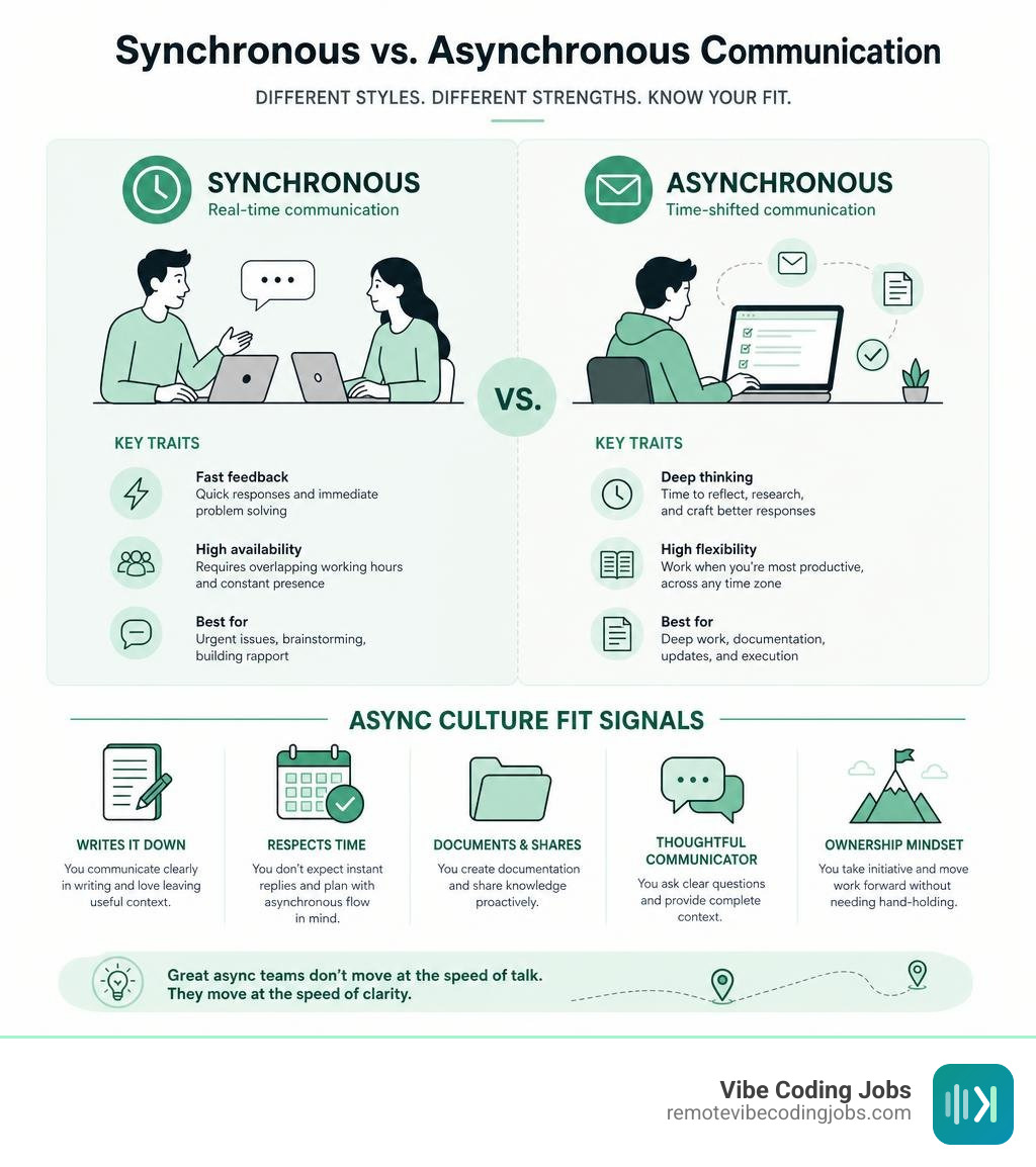 Infographic comparing synchronous vs asynchronous communication styles, key traits, and culture fit signals infographic