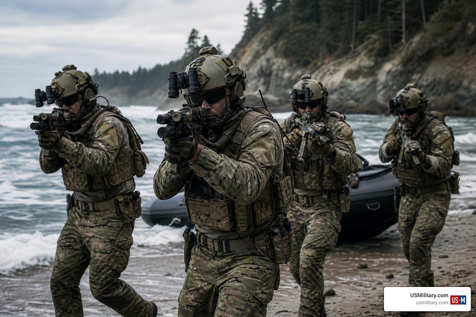 Navy SEALs in training with modern equipment and gear