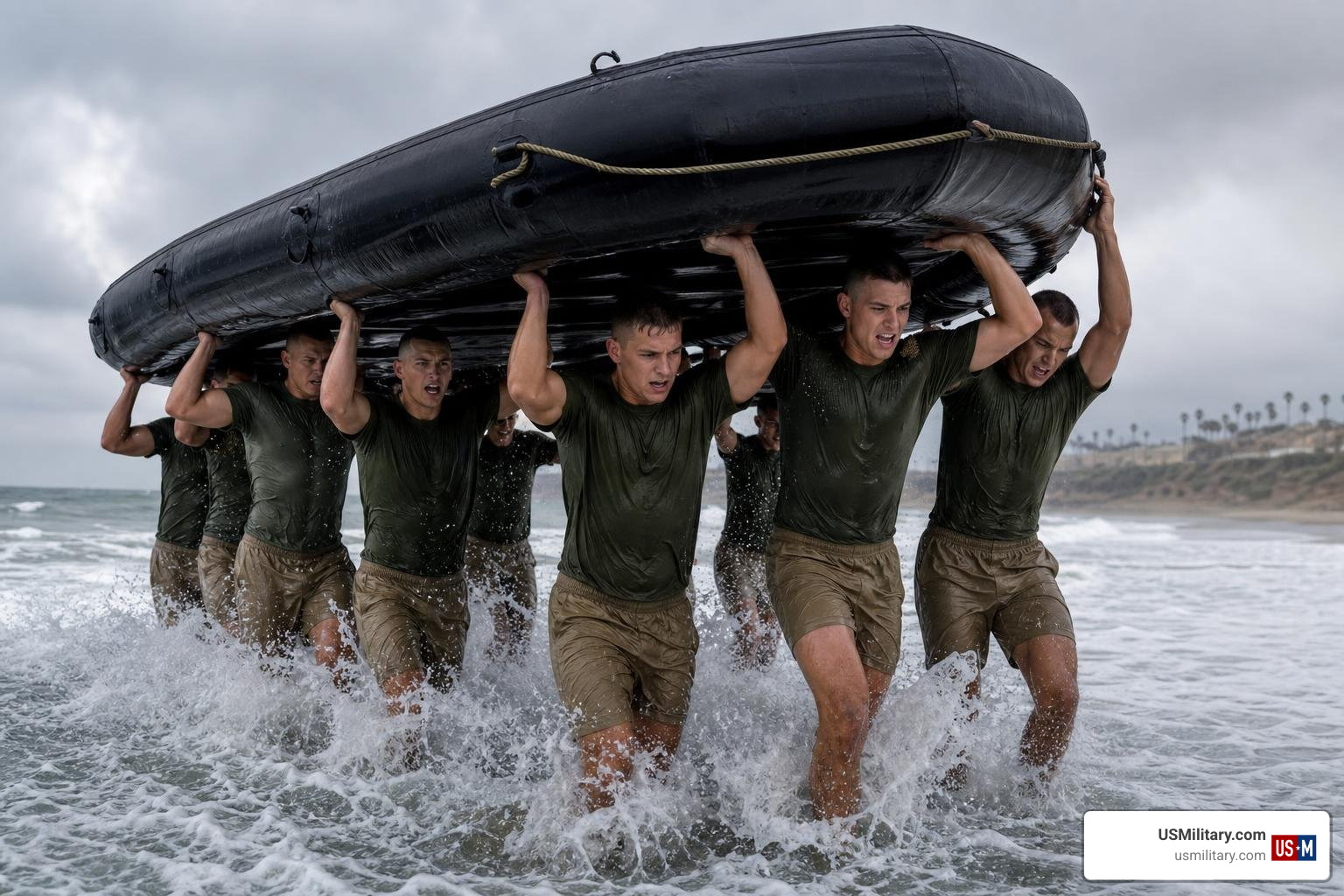 Navy SEAL candidates undergoing rigorous BUD/S training in the surf