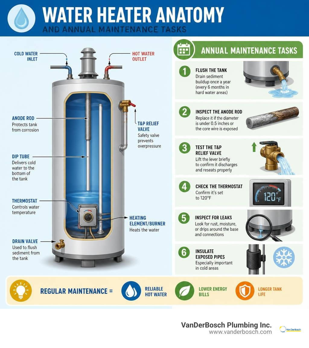 Diagram of water heater anatomy with labeled components and annual maintenance tasks infographic