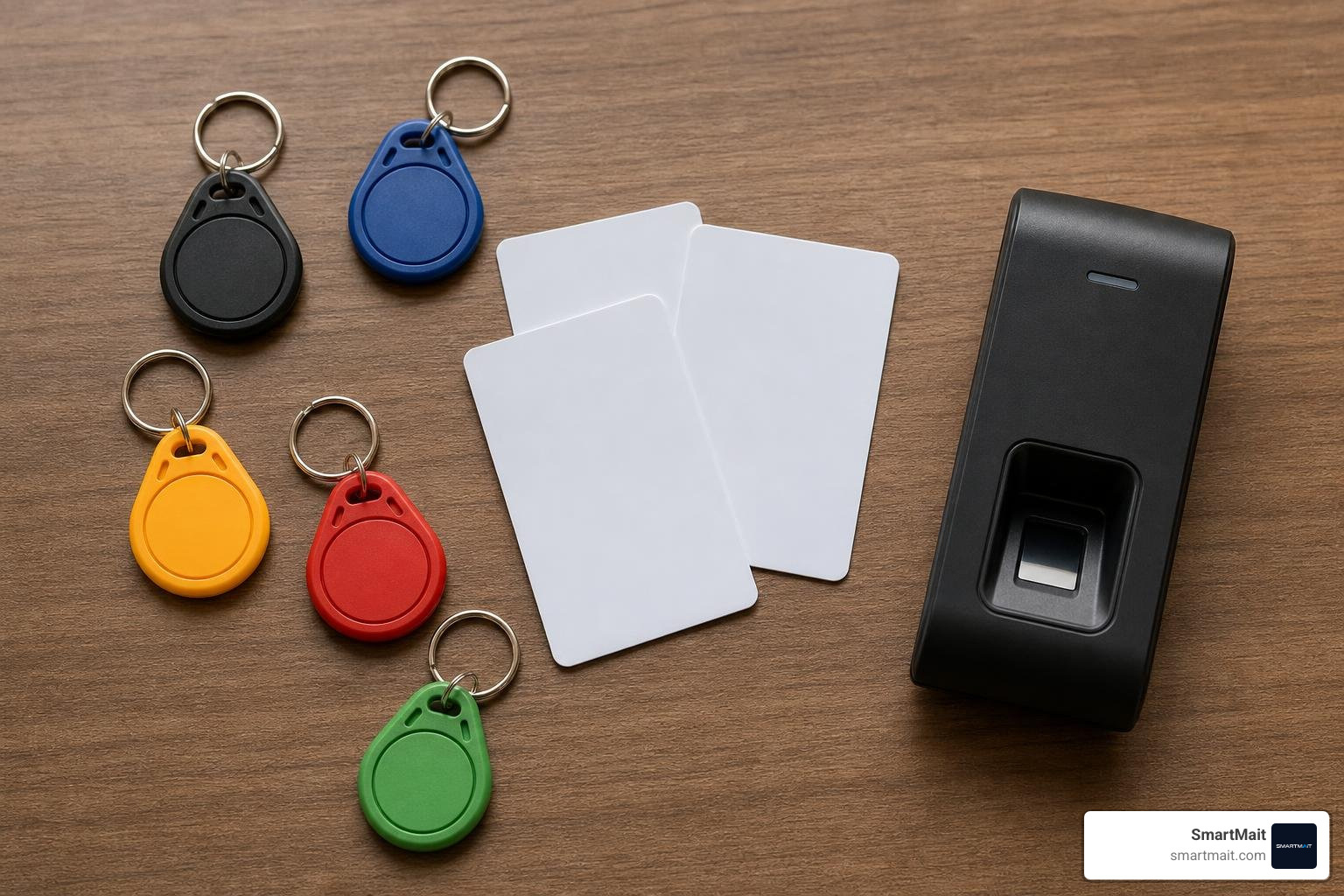 An assortment of RFID key fobs, keycards, and biometric readers used for secure entry
