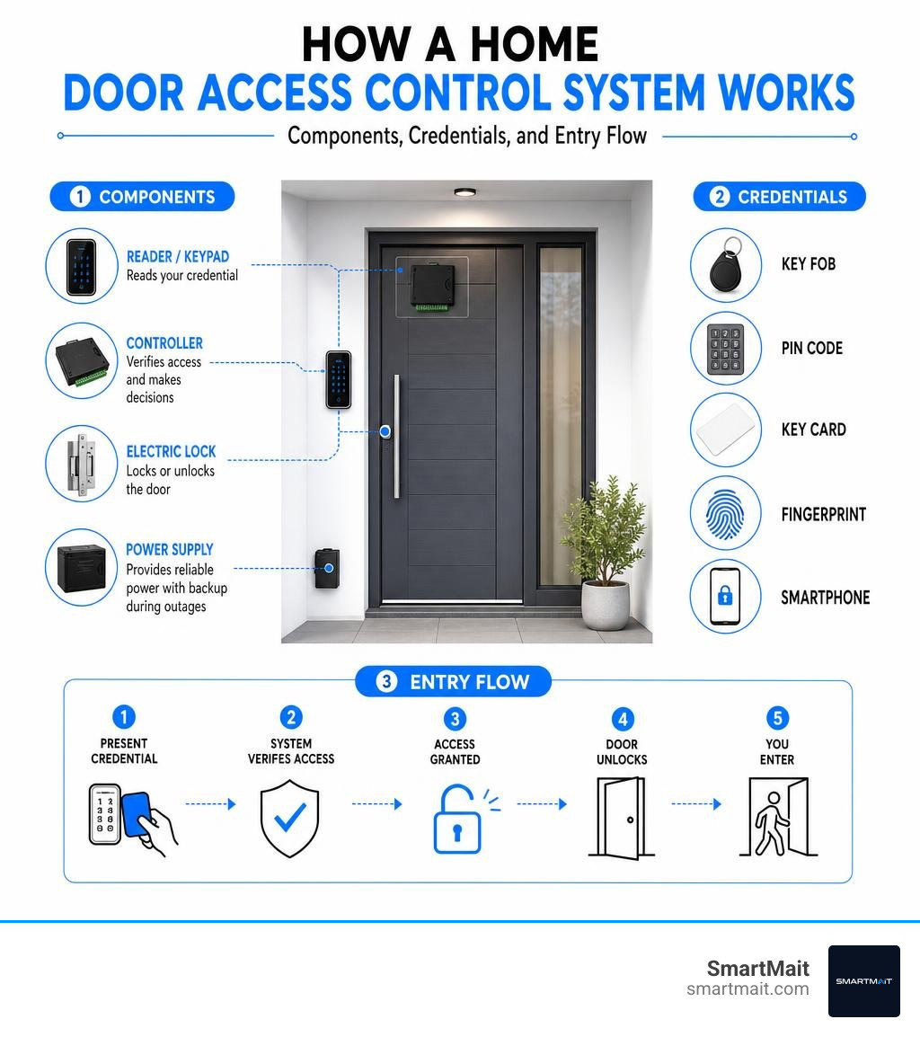 How a home door access control system works — components, credentials, and entry flow infographic