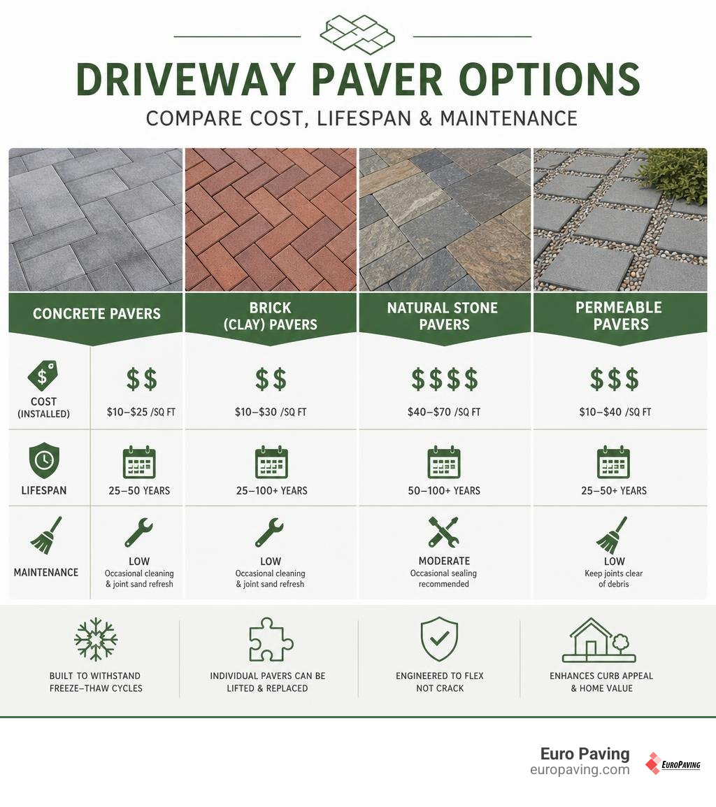 Infographic comparing driveway paver options: concrete, brick, stone, permeable - cost, lifespan, maintenance infographic Infographic comparing driveway paver options: concrete, brick, stone, permeable - cost, lifespan, maintenance infographic