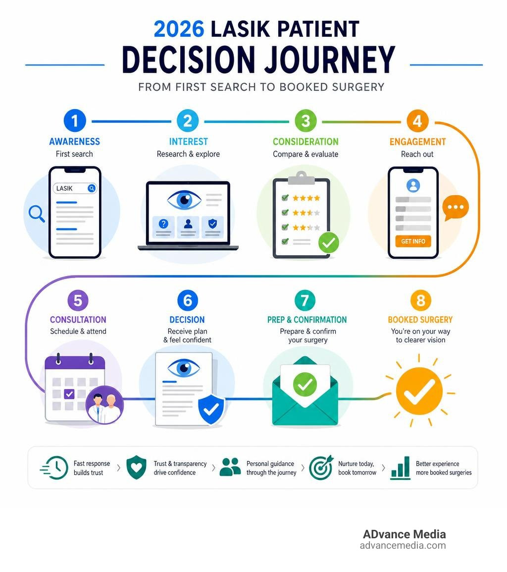 2026 LASIK patient decision journey from first search to booked surgery infographic infographic 2026 LASIK patient decision journey from first search to booked surgery infographic infographic