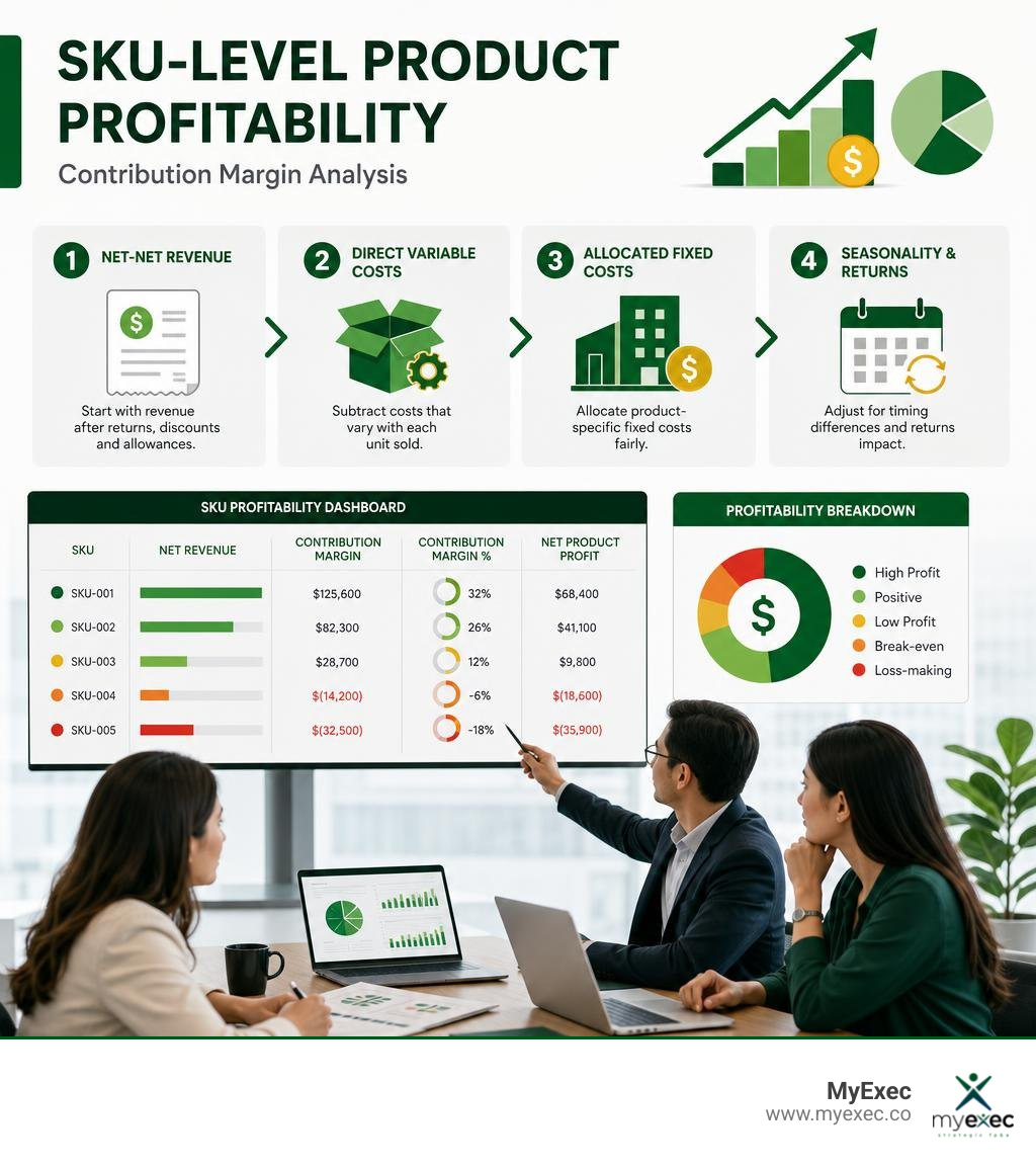 Finance team reviewing SKU-level product profitability and contribution margin analysis infographic Finance team reviewing SKU-level product profitability and contribution margin analysis infographic