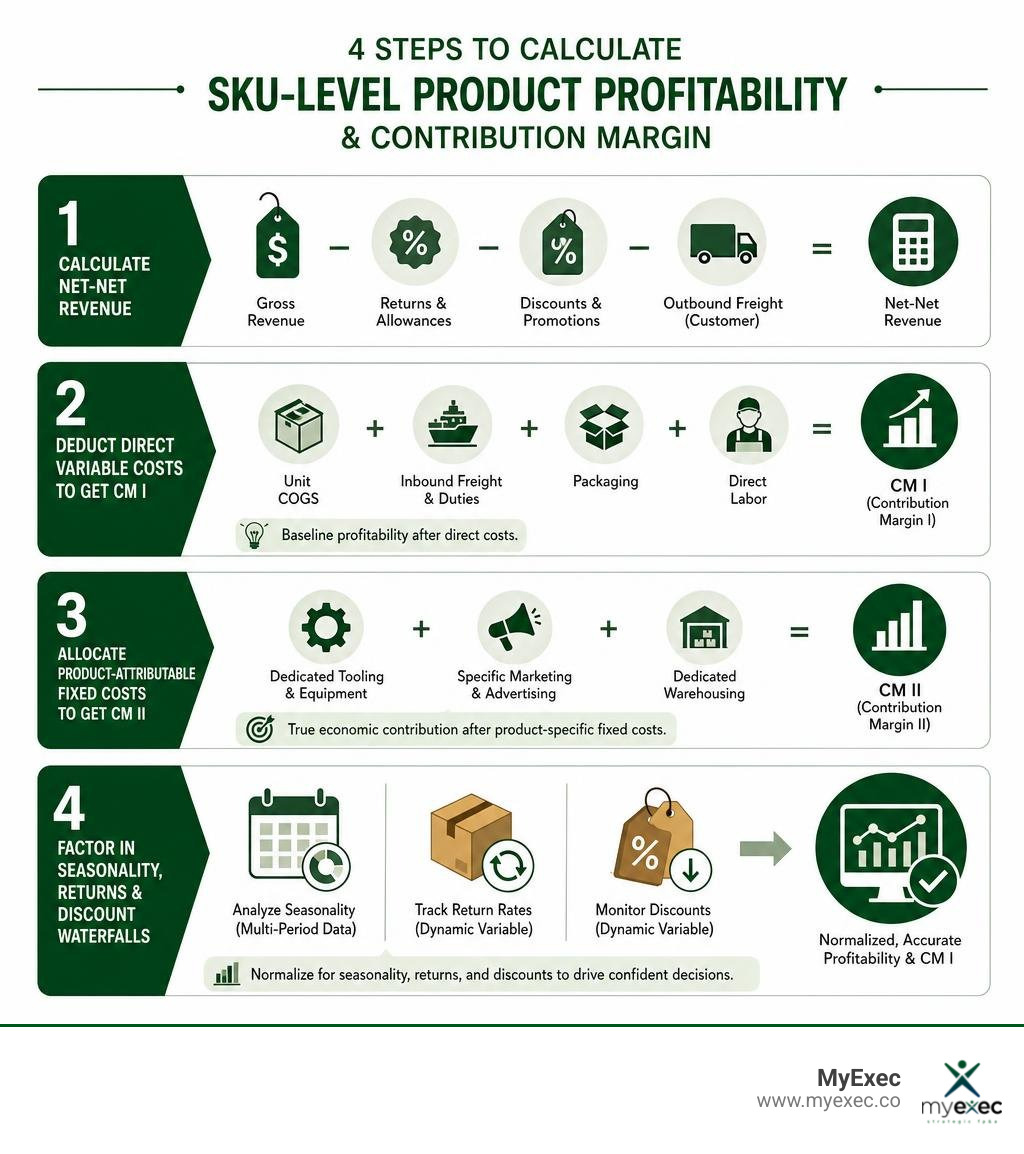 Infographic showing the four steps to calculate SKU-level product profitability and contribution margin infographic Infographic showing the four steps to calculate SKU-level product profitability and contribution margin infographic
