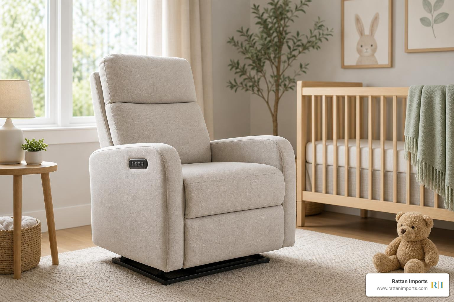 Modern nursery glider with integrated controls in the armrest Modern nursery glider with integrated controls in the armrest