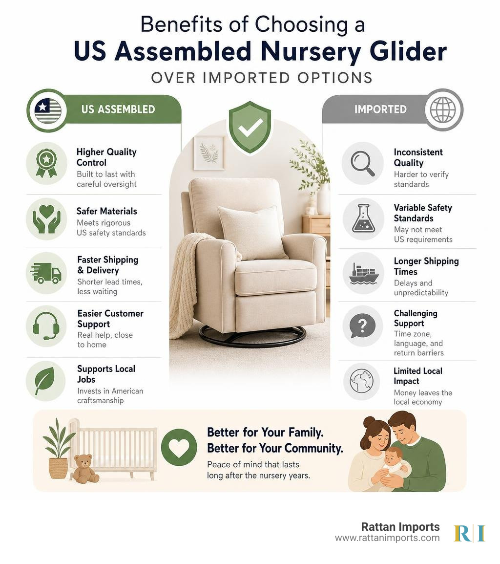 Benefits of choosing a US assembled nursery glider over imported options infographic Benefits of choosing a US assembled nursery glider over imported options infographic