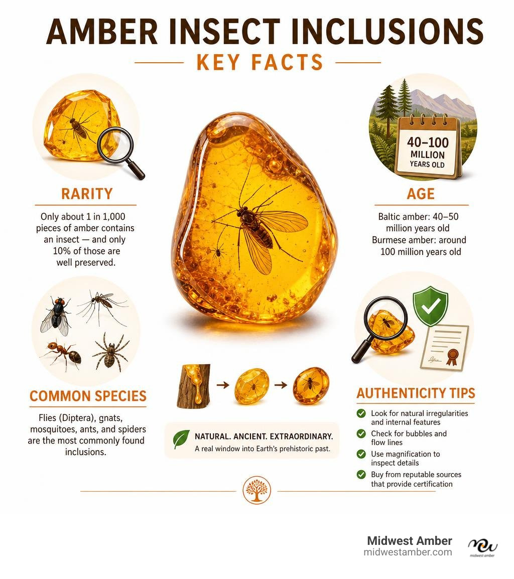 infographic showing amber insect inclusion key facts: rarity, age, common species, and authenticity tips infographic