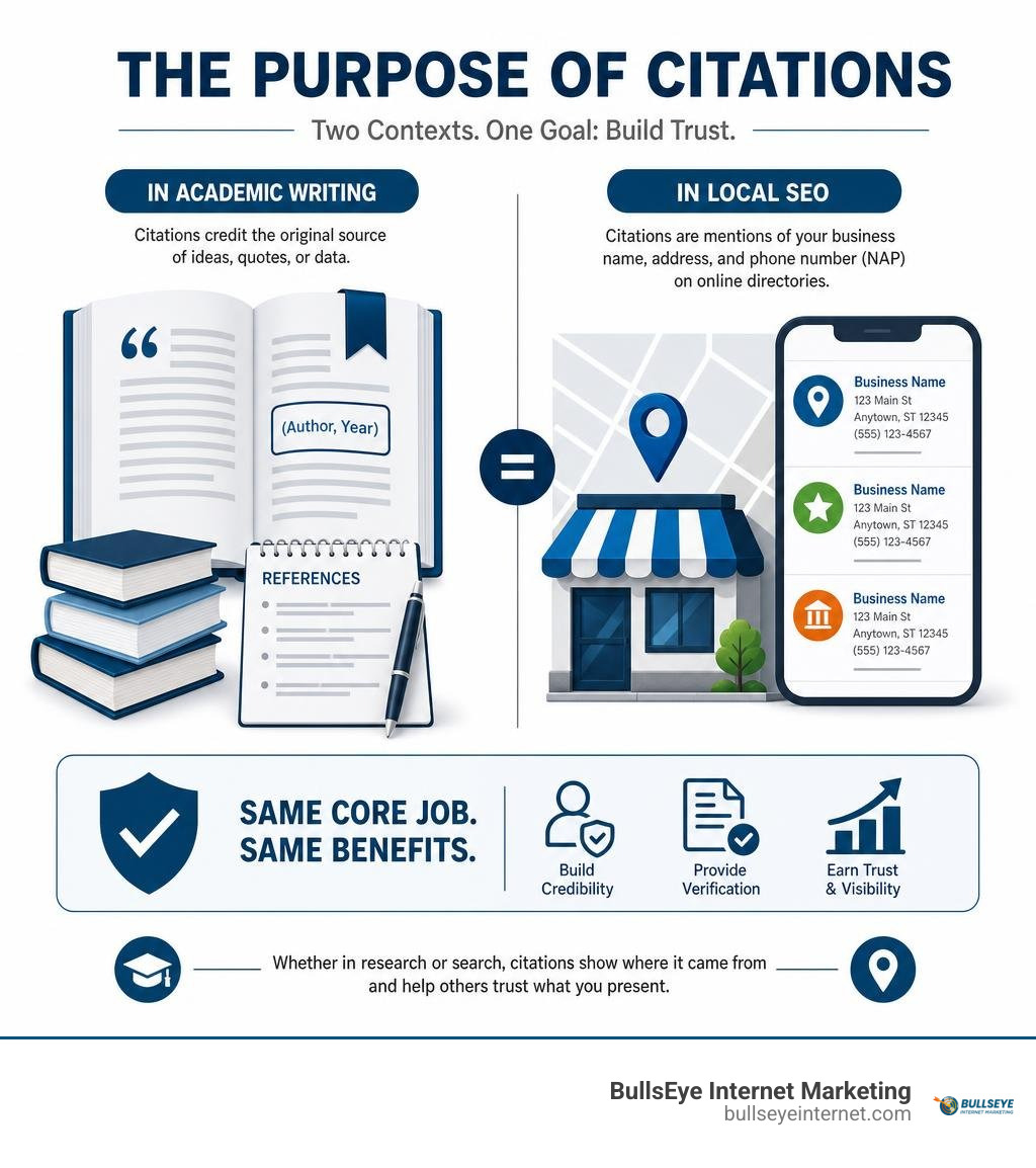 infographic explaining the purpose of citations in academic writing and local SEO infographic