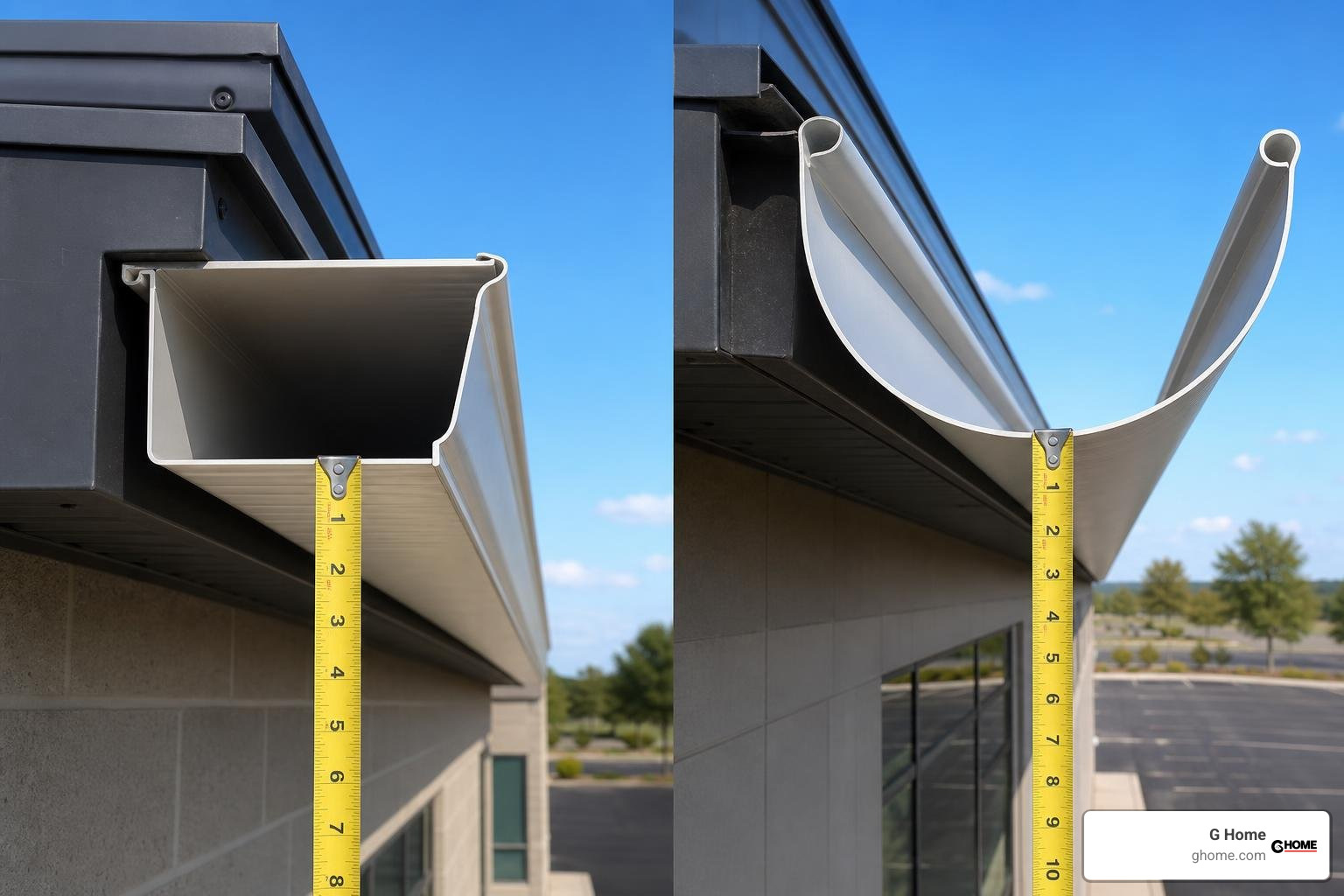 comparison of commercial and residential gutter sizes showing width and depth differences