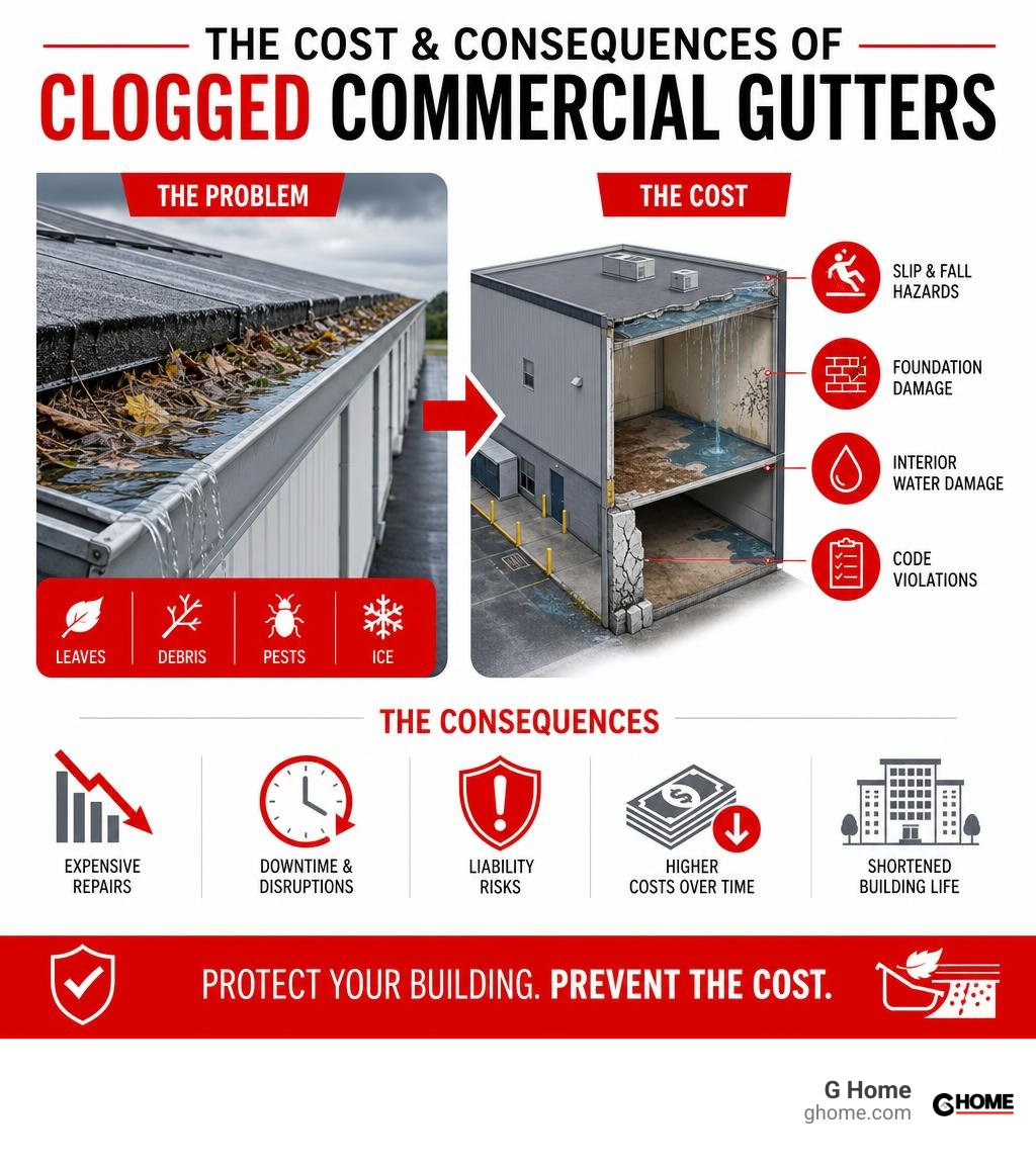 infographic showing the cost and consequences of clogged commercial building gutters infographic