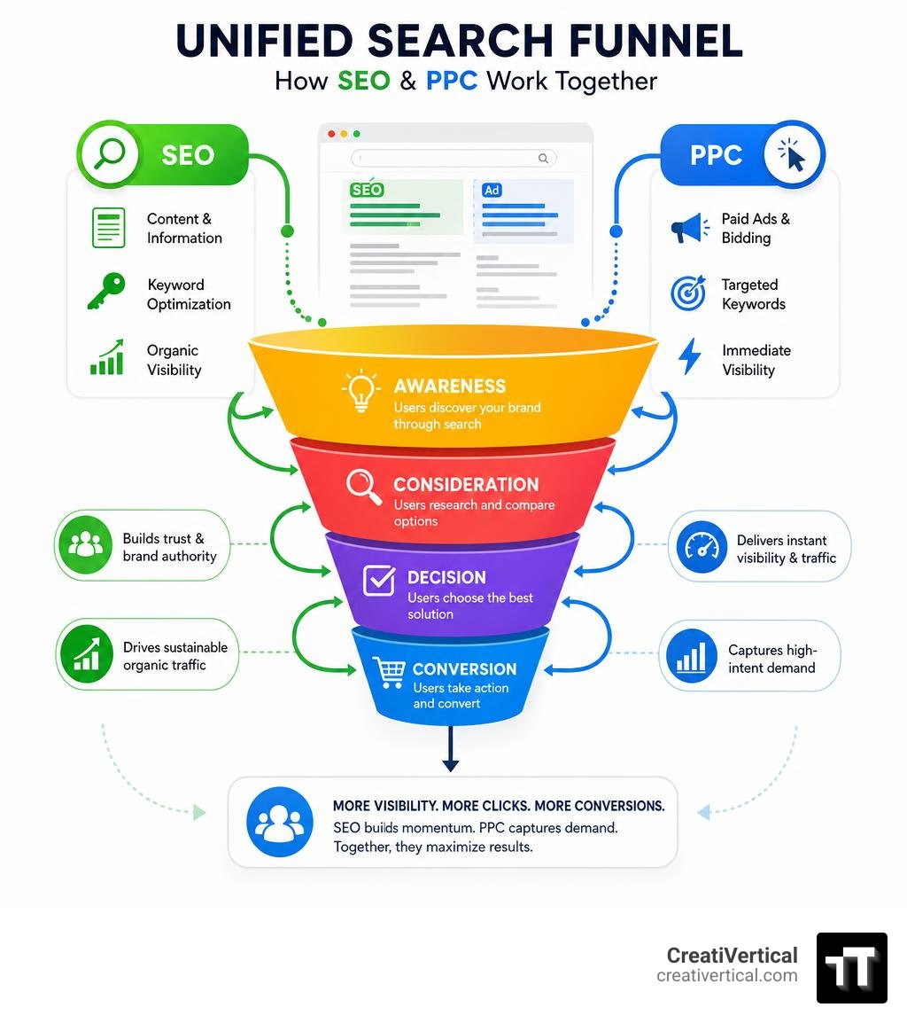Unified search funnel showing how SEO and PPC feed each stage from awareness to conversion infographic