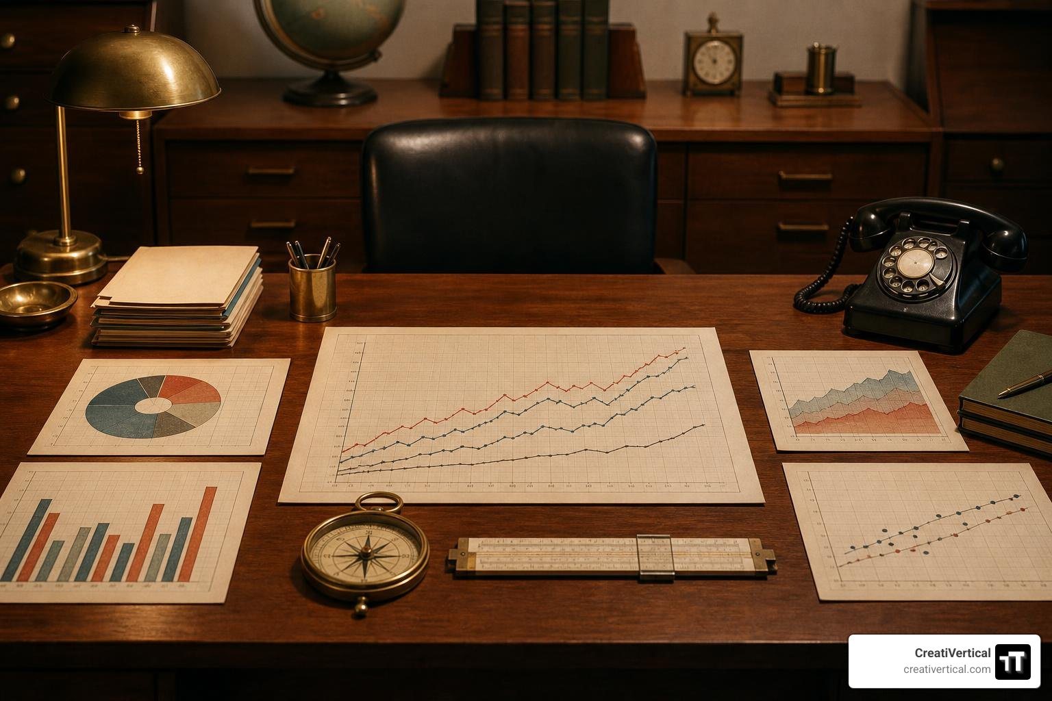 Symmetrical head-on shot of an organized desk with physical charts and retro analytical tools representing search data