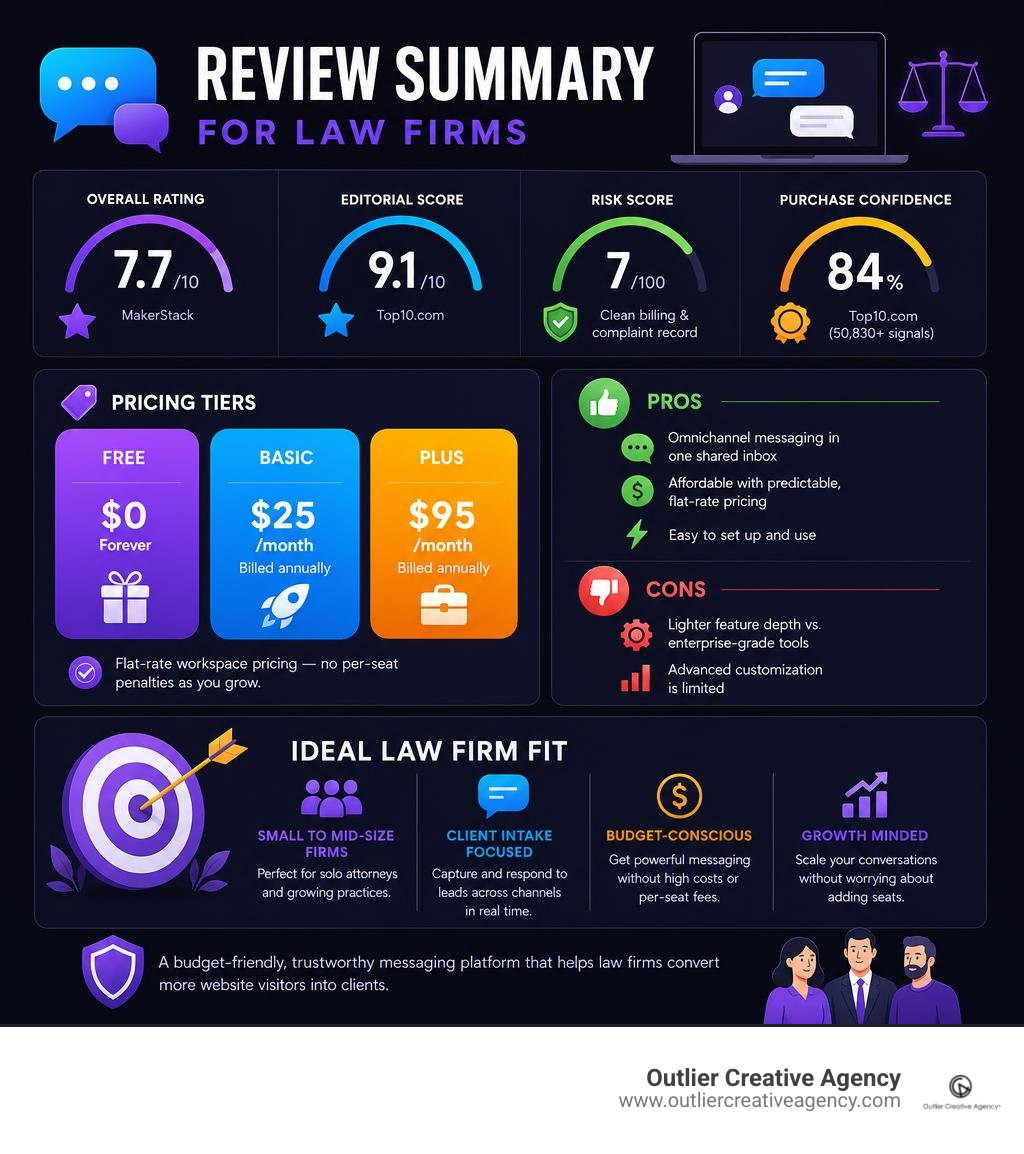 Crisp Co review summary infographic showing ratings, pricing tiers, pros and cons, and ideal law firm fit infographic