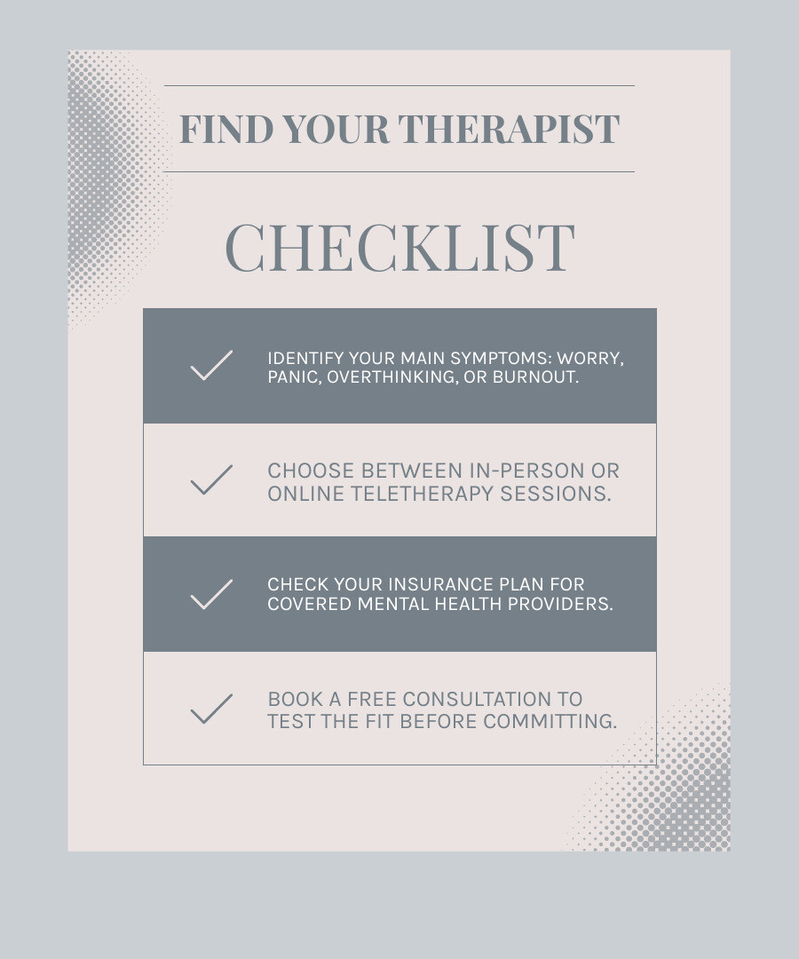 infographic showing 7 steps to find the right therapist for stress and anxiety with key statistics infographic