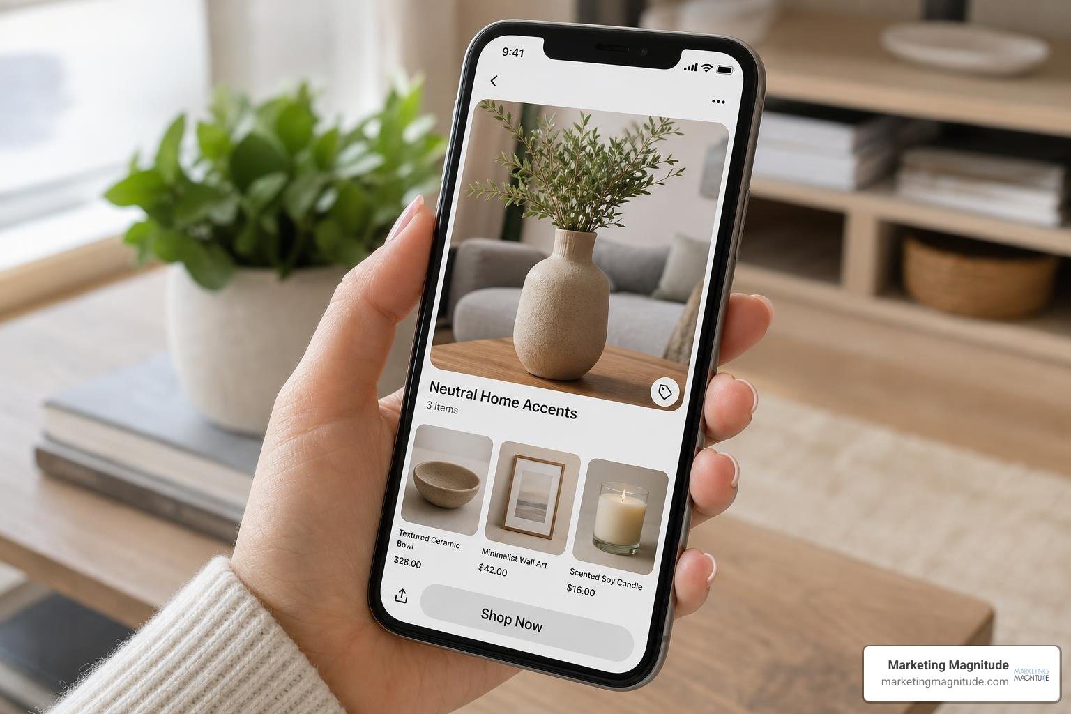 A shoppable Collection Pin on mobile showing product pricing and direct checkout link A shoppable Collection Pin on mobile showing product pricing and direct checkout link